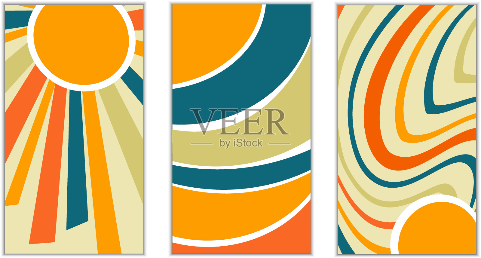 套卡模板在vintage 1970复古风格。矢量插图。风格化的太阳与射线和抽象的线条。插画图片素材