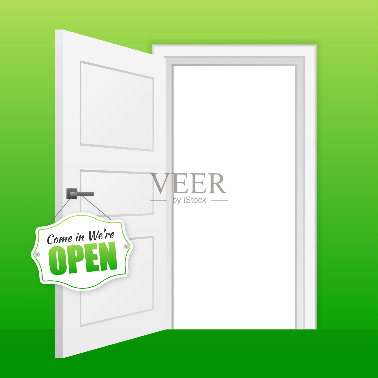 开放的迹象。门的迹象。标签与文本在平坦的风格。插画图片素材