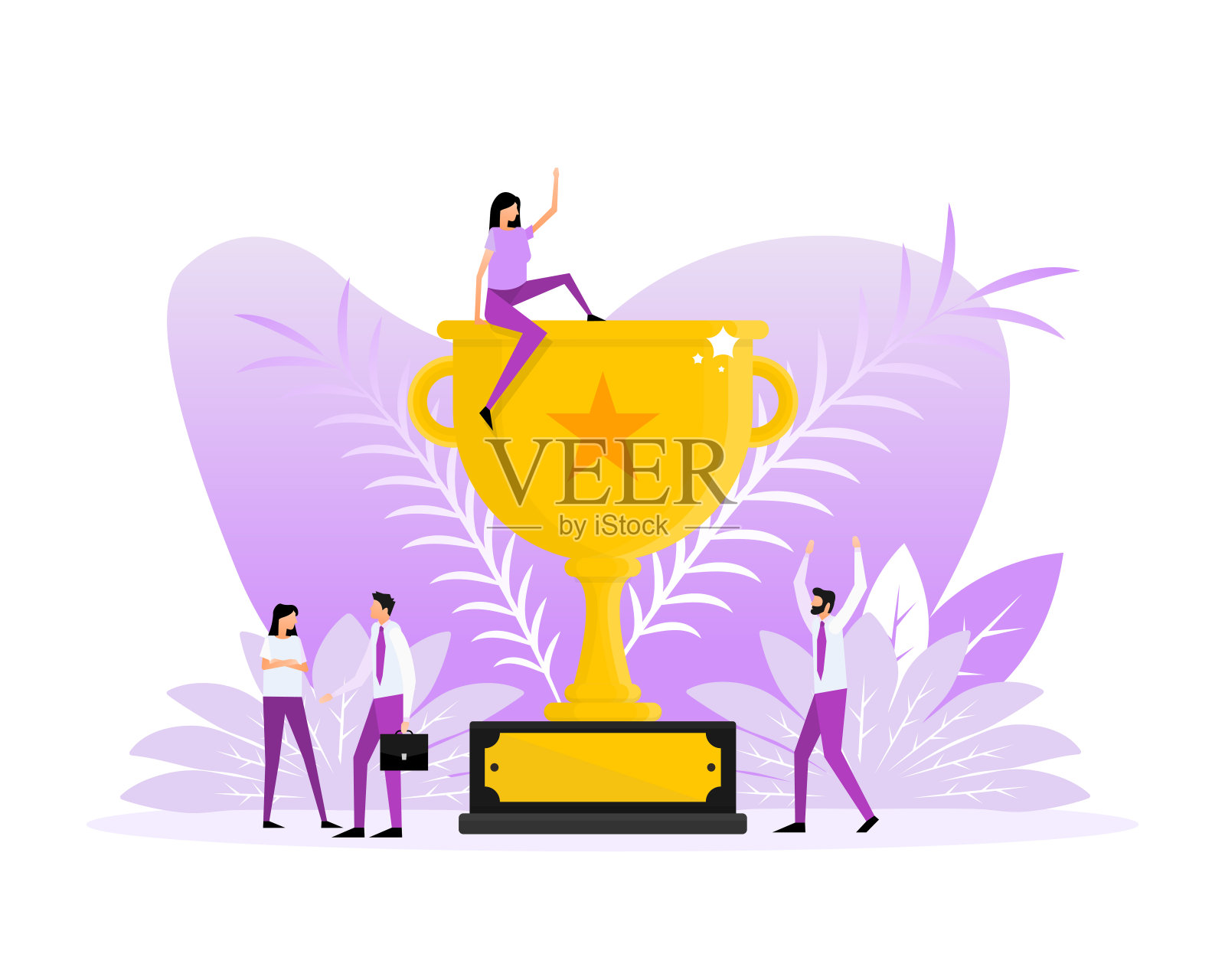 成功在金色的背景上以扁平的风格奖励人们。冠军奖杯，金杯。平坦的插图。插画图片素材