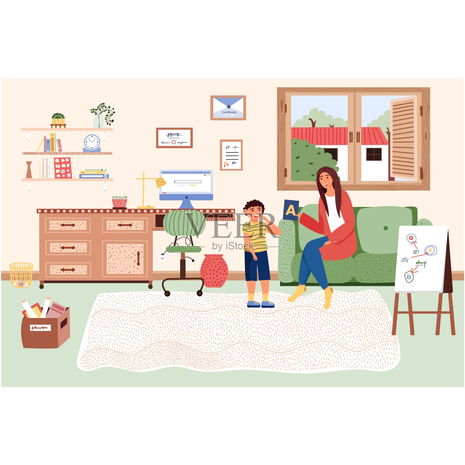 妈妈在家教孩子矢量家校卡通插画图片素材