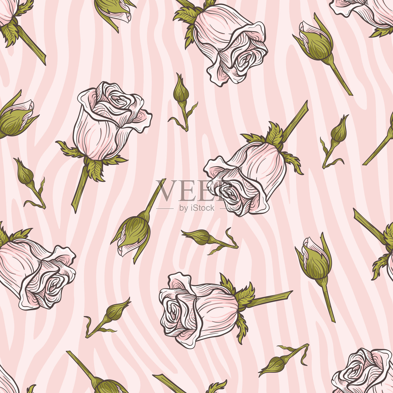 甜美的粉红色玫瑰花蕾无缝图案插画图片素材