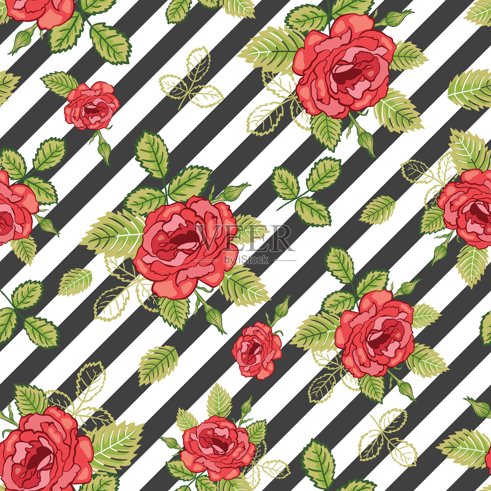 红玫瑰黑色条纹无缝图案插画图片素材