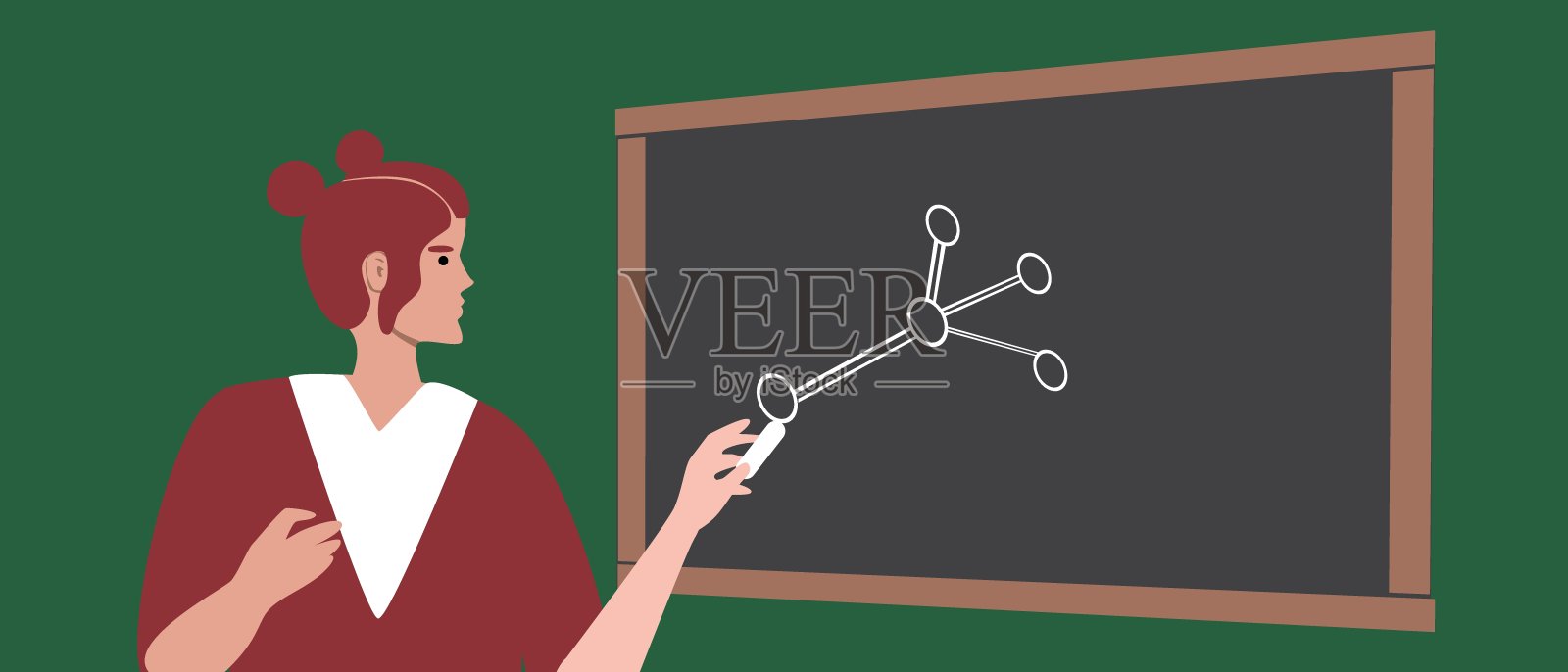 女生用粉笔在黑板上画，平面矢量插图与化学研究插画图片素材