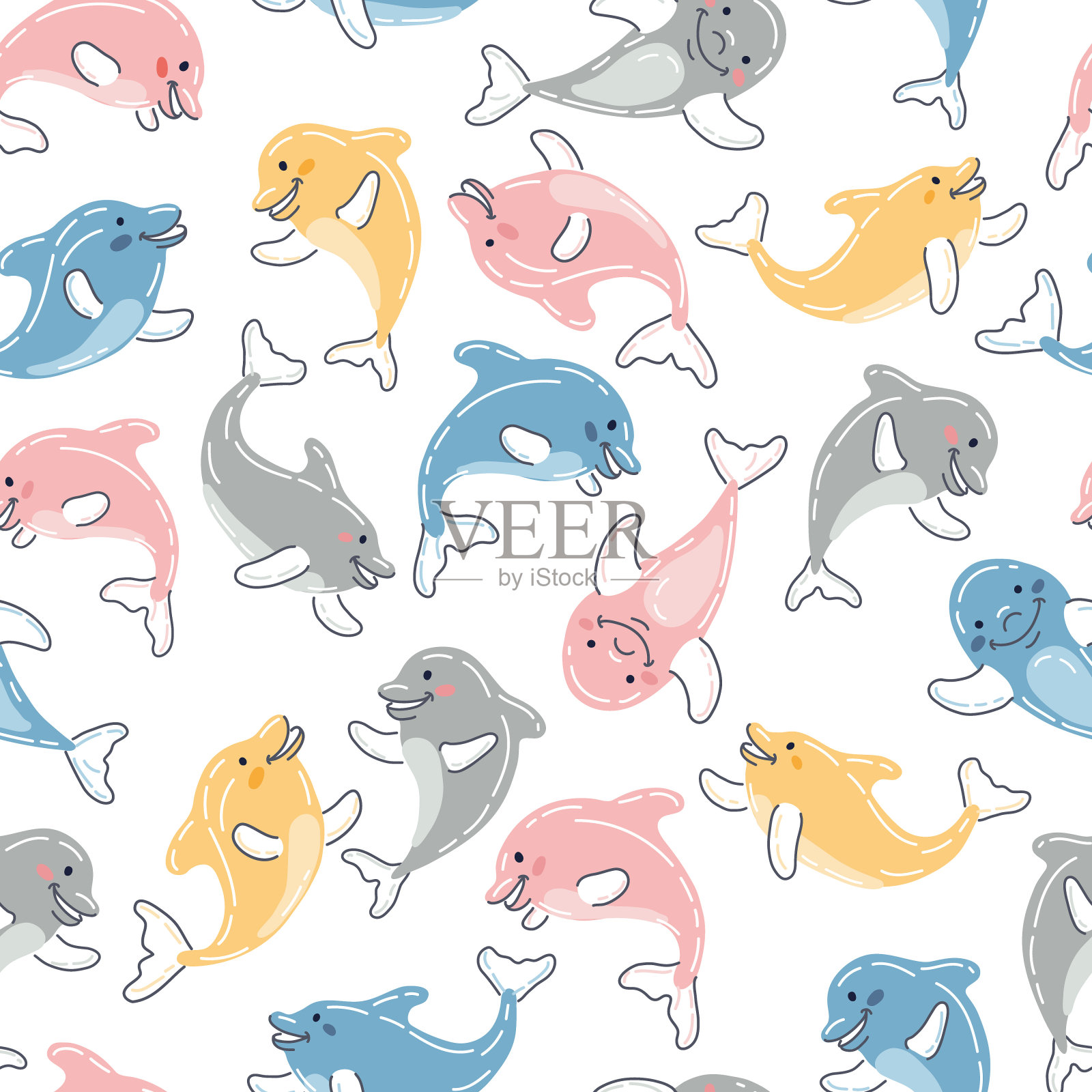 幼稚可爱的海豚矢量无缝模式设计元素图片