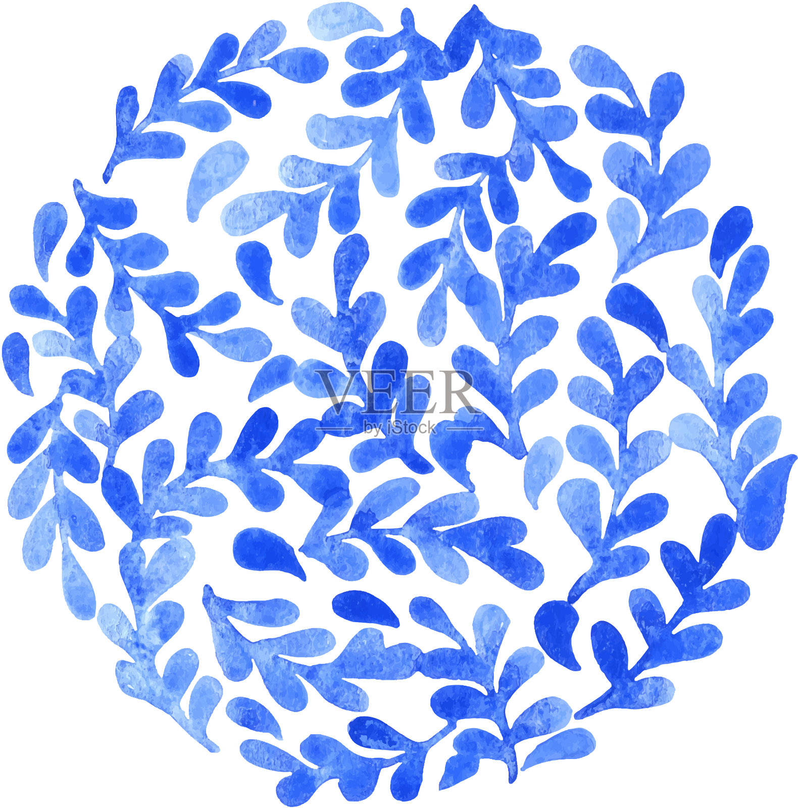 抽象蓝色蕨类植物花环水彩画插画图片素材