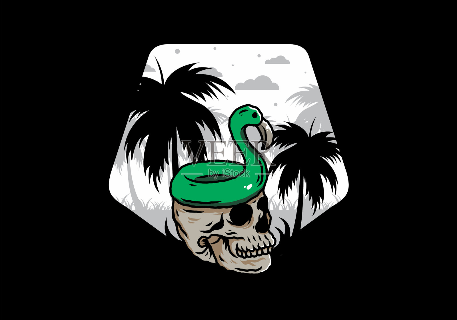 火烈鸟的救生圈在头骨的上面插画图片素材