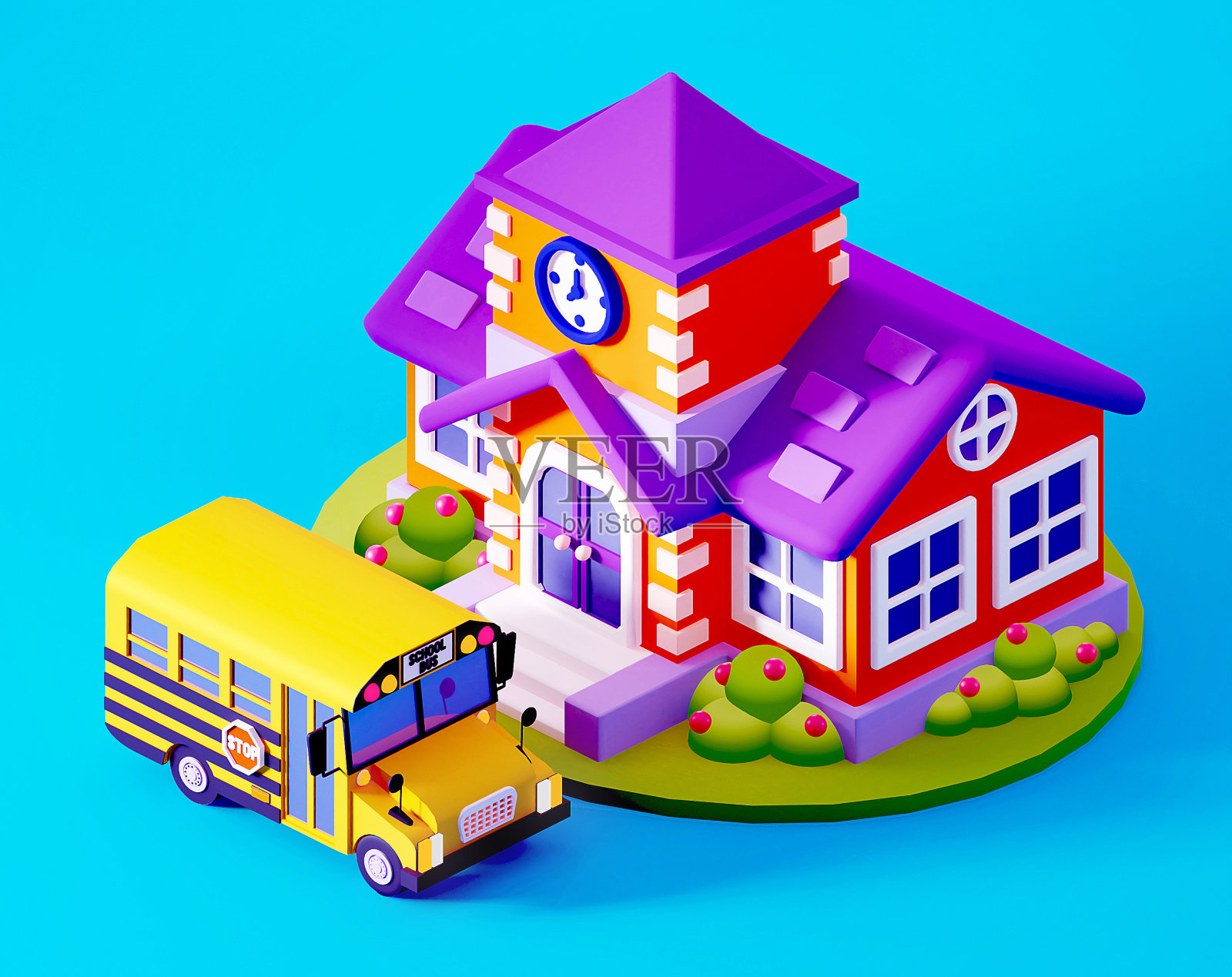 学校等距构成包括校车。三维演示照片摄影图片