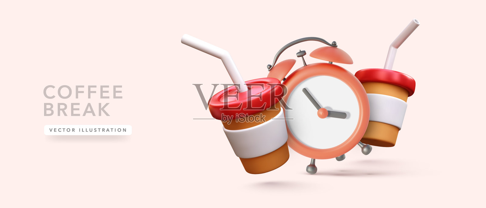 咖啡杯与闹钟的3d现实主义风格插画图片素材