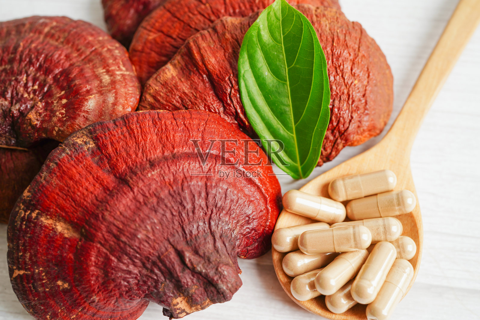 灵芝或灵芝菇用胶囊，有机天然健康食品。照片摄影图片