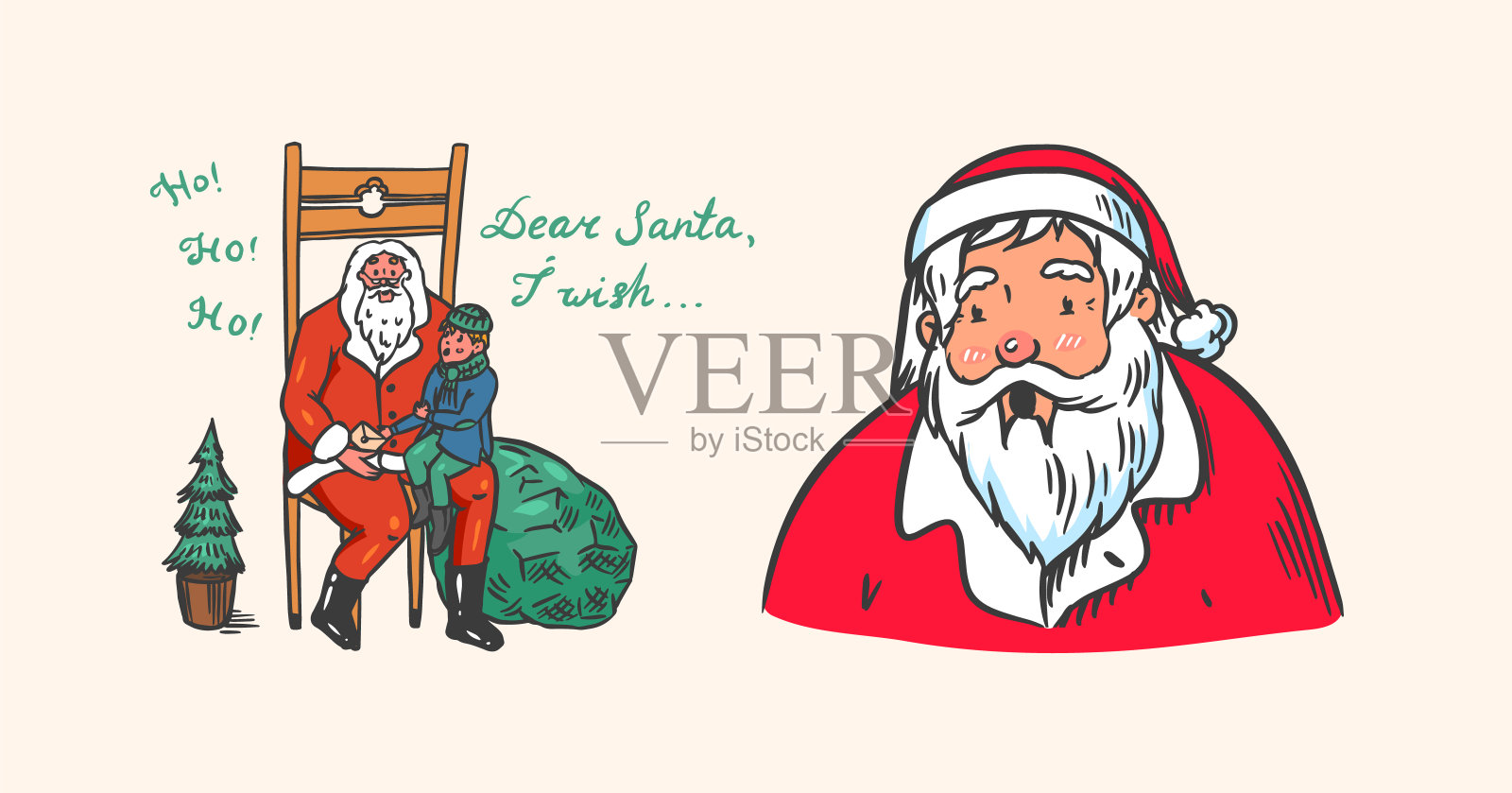 圣诞老人。带着孩子的大胡子爷爷。男孩许了一个愿。圣诞节的象征。节日海报或横幅。矢量插图标签，明信片。手绘复古涂鸦草图。设计模板素材