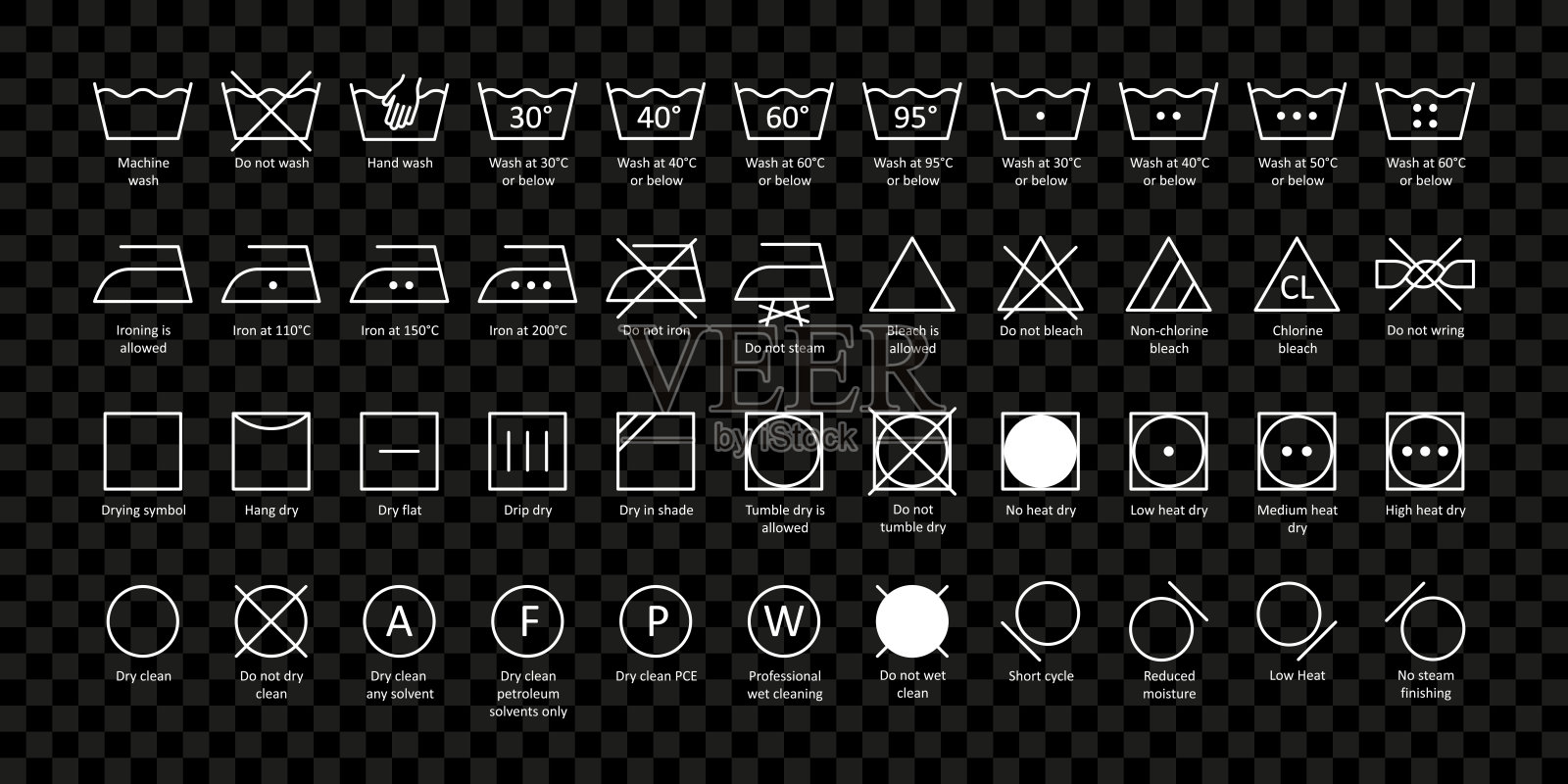 带有名字的白色洗衣符号在透明背景上扩展路径。向量图标素材