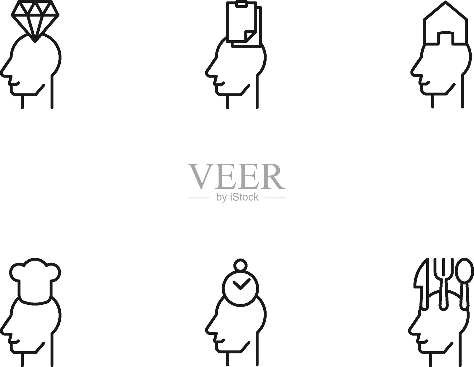 现代单色符号网站，应用程序，文章，商店，广告。可编辑的中风。矢量图标设置与图标的钻石，文件，房子，厨师帽子，计时器，餐具在头上插画图片素材