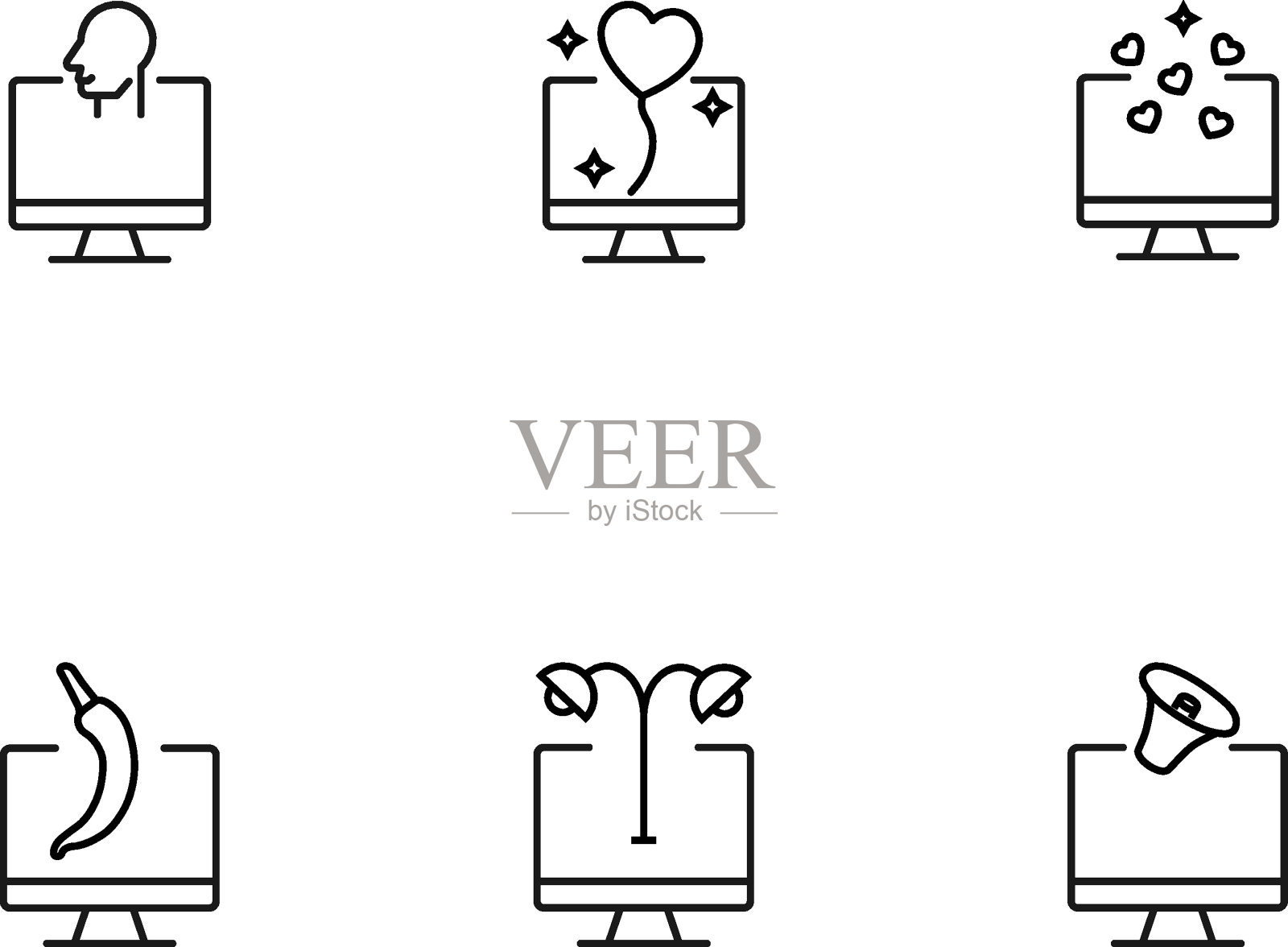 现代单色符号网站，应用程序，文章，商店，广告。可编辑的中风。矢量图标设置与图标的人，气球，心，胡椒，灯，扬声器在电脑上插画图片素材