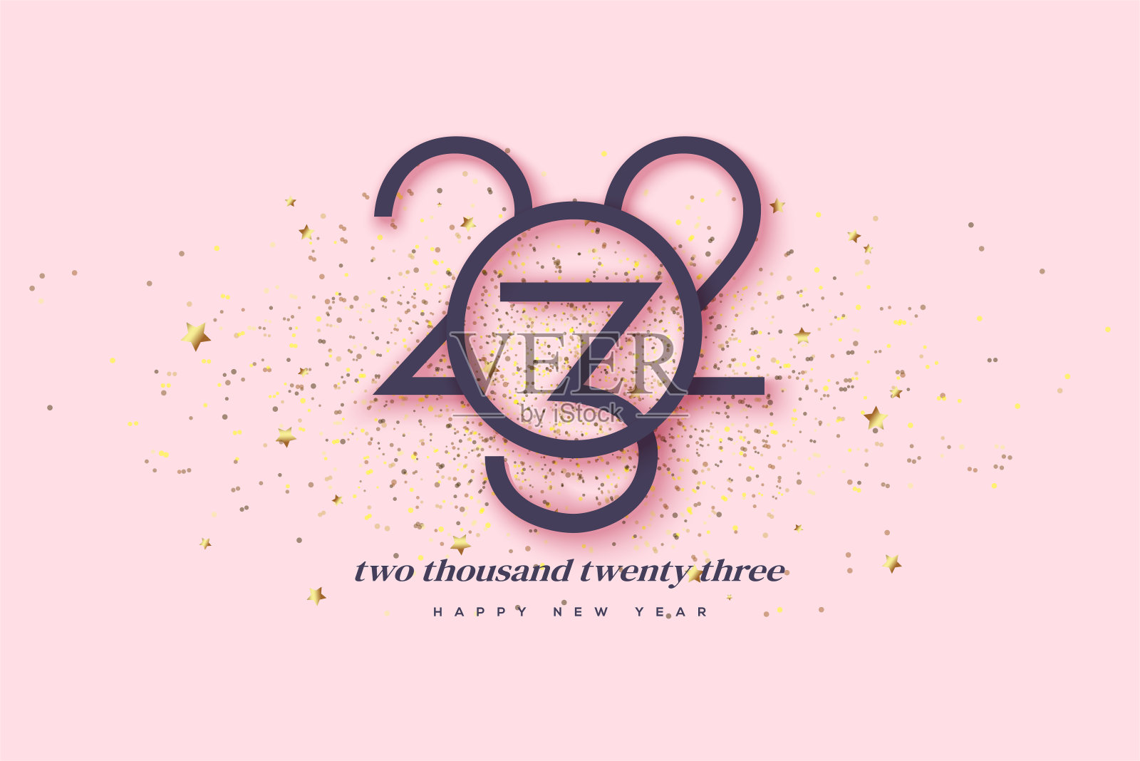 2023年新年快乐标志与优雅的细线艺术插画图片素材