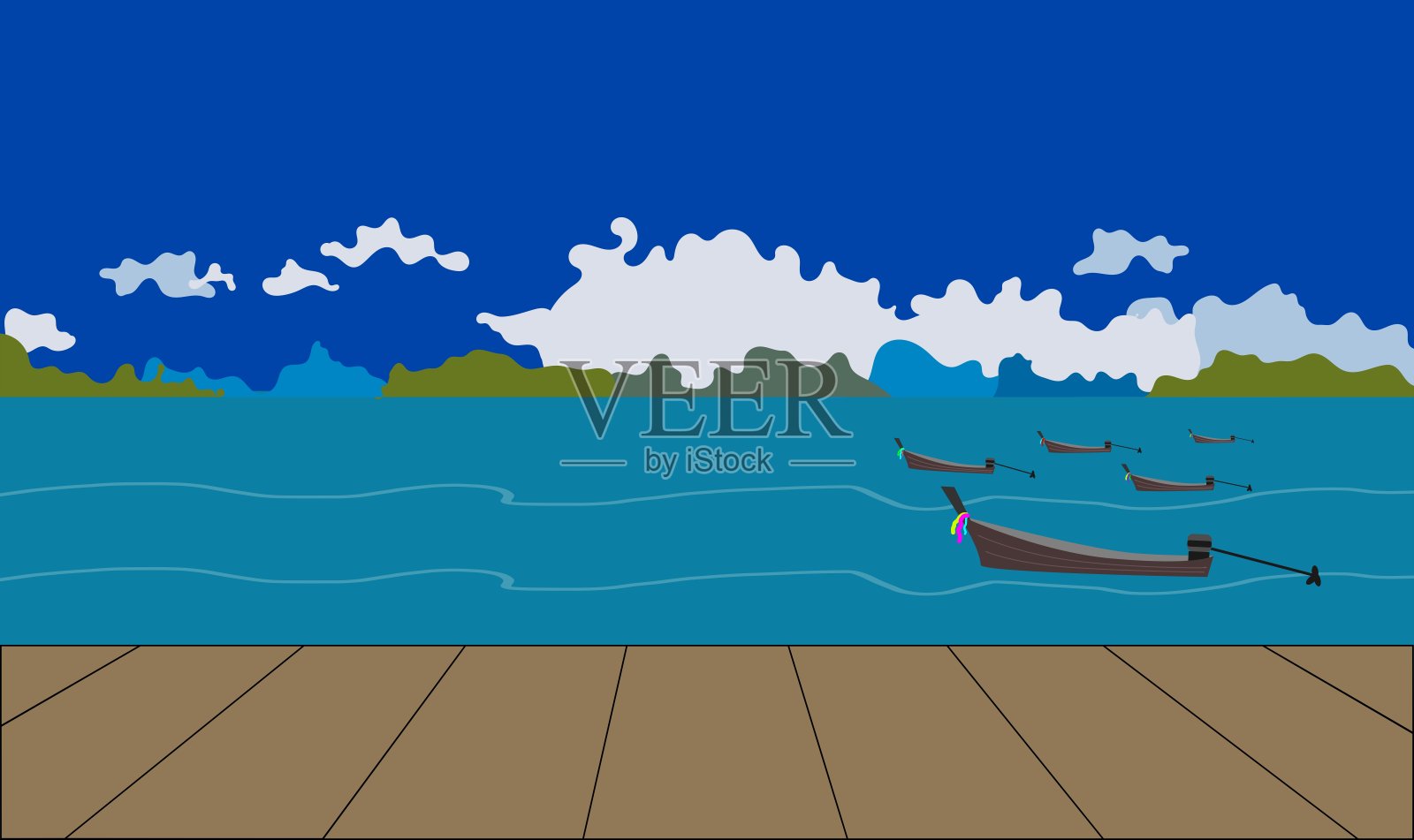 设计热带海景，其中木板木，长尾船，白云蓝天，矢量插画图片素材