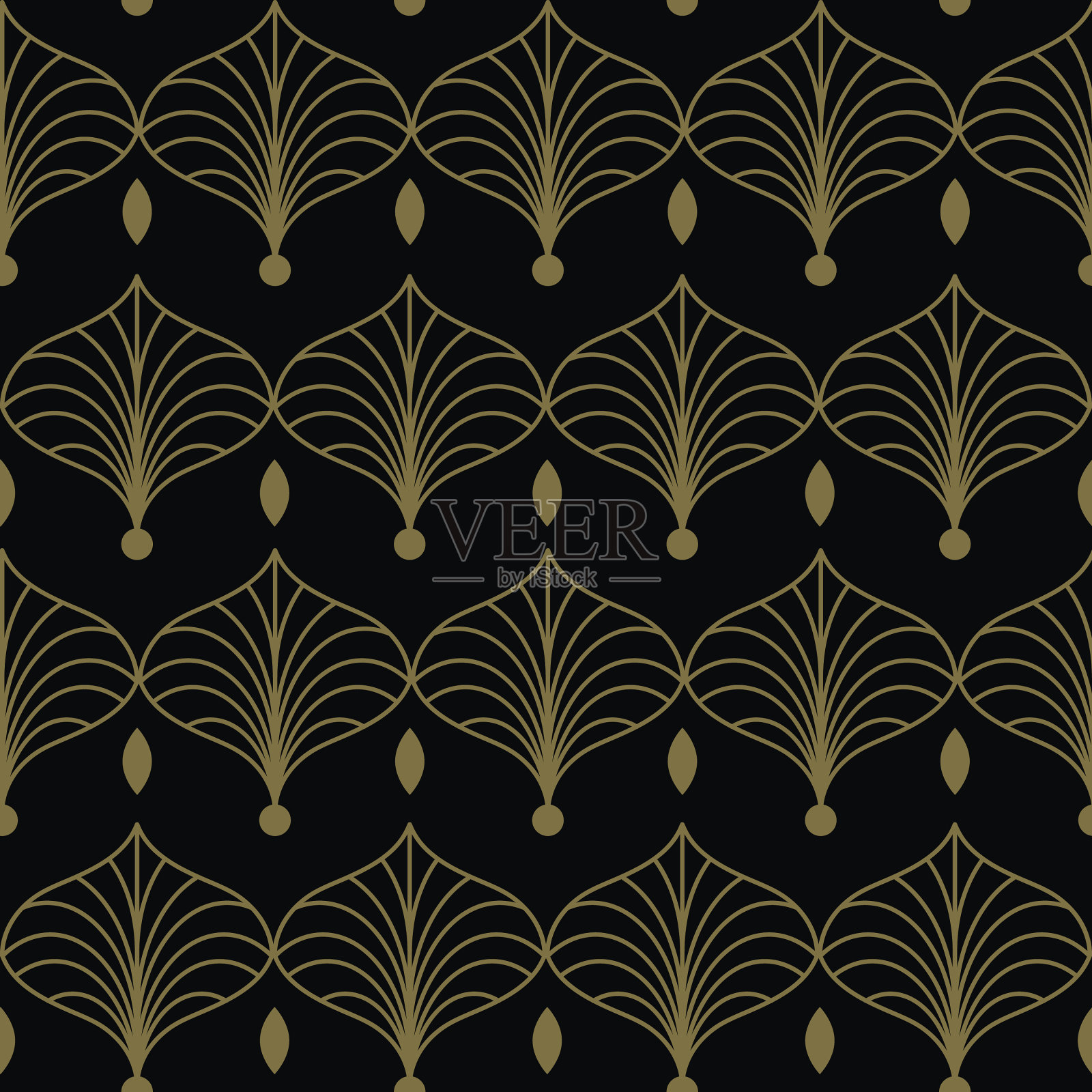 花卉无缝图案，风格化银草，金色线条。日本漫画风格插画图片素材