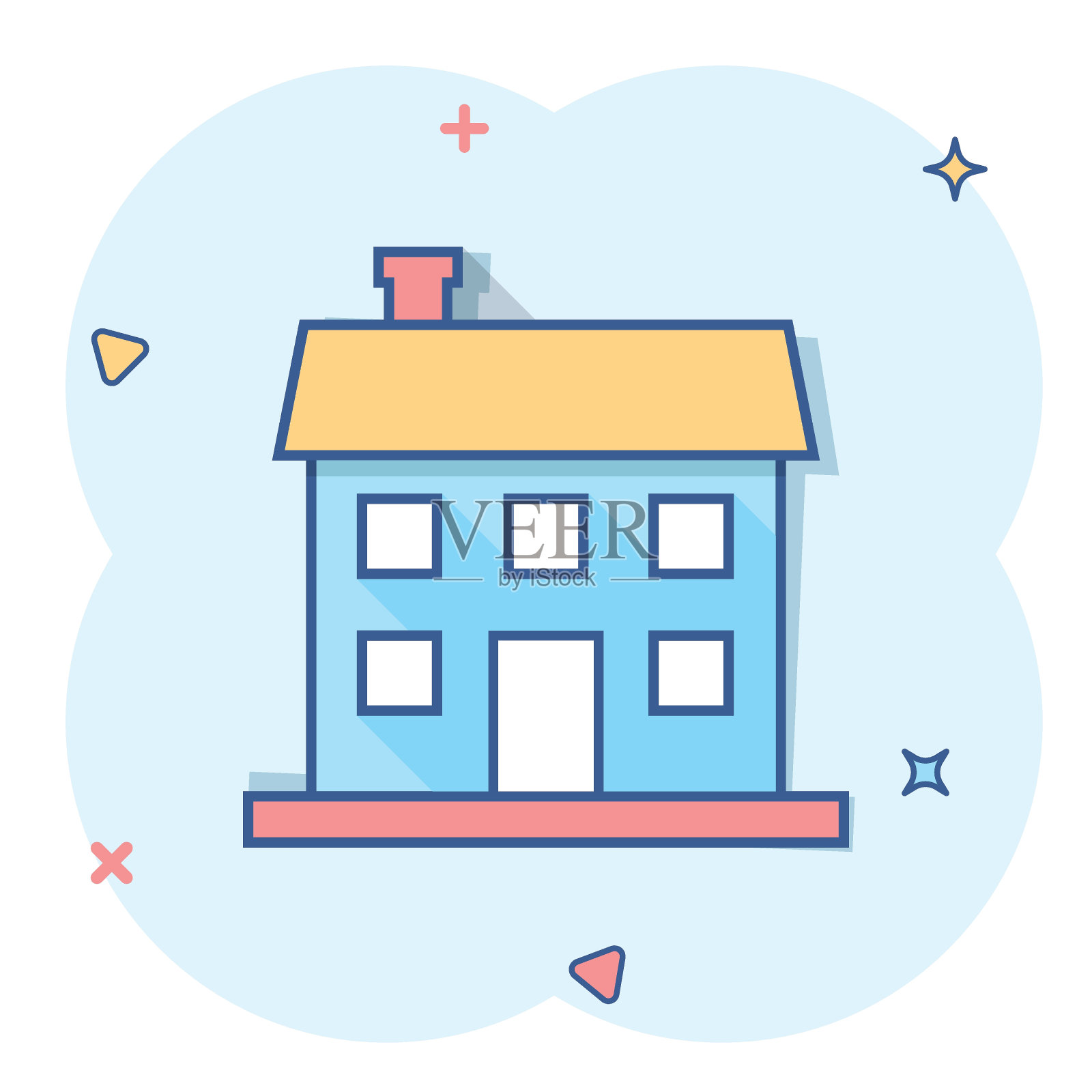 矢量卡通房子图标在漫画风格。建筑标志插图象形。房子生意飞溅效应概念。插画图片素材