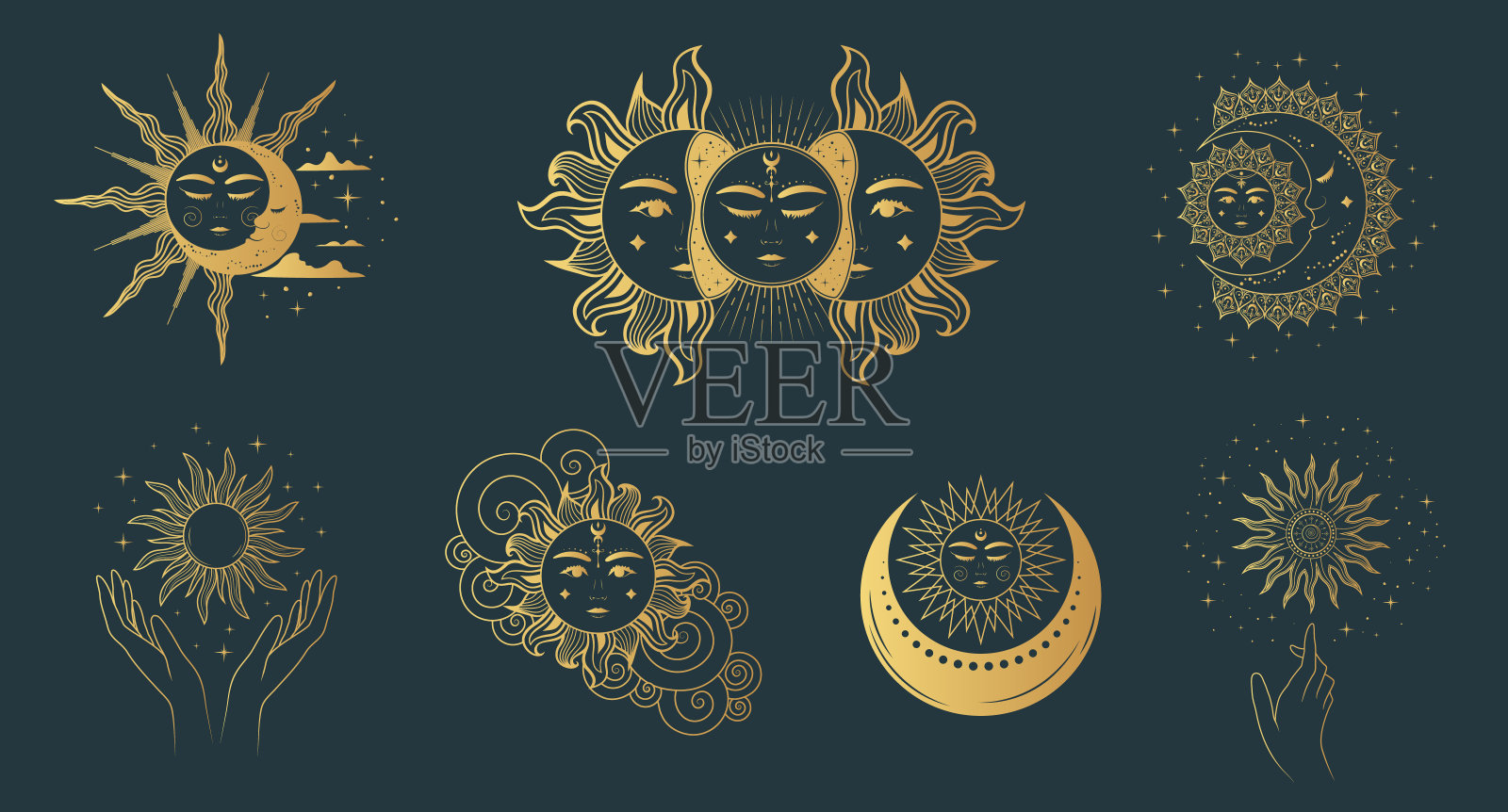 天体太阳的神秘收藏。7个金色图像孤立在黑色背景，雕刻风格。手绘矢量插图深奥的设计，占星，生肖，贴纸和塔罗牌。插画图片素材