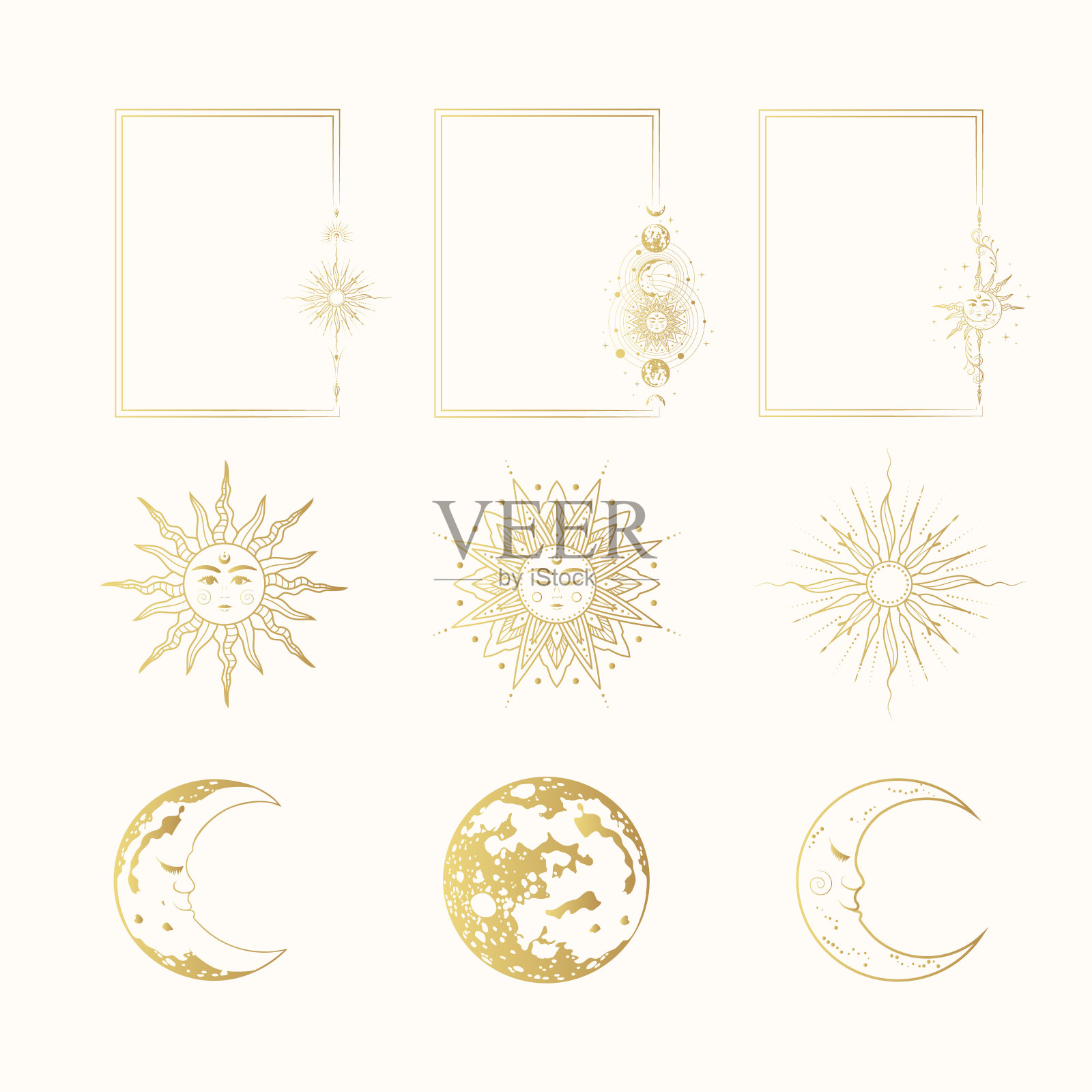 一套金色的天体框架，太阳，月亮和行星。复古背景塔罗牌，占星术，贴纸和占星术，波西米亚设计贺卡。插画图片素材