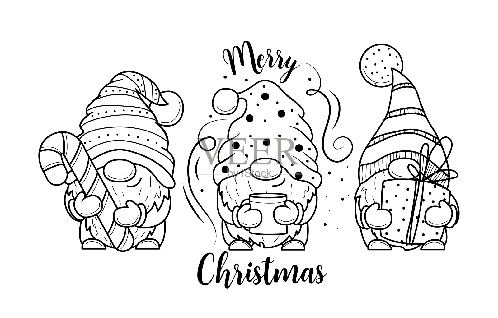 可爱的卡通圣诞小精灵与盒子的礼物涂色书插画图片素材