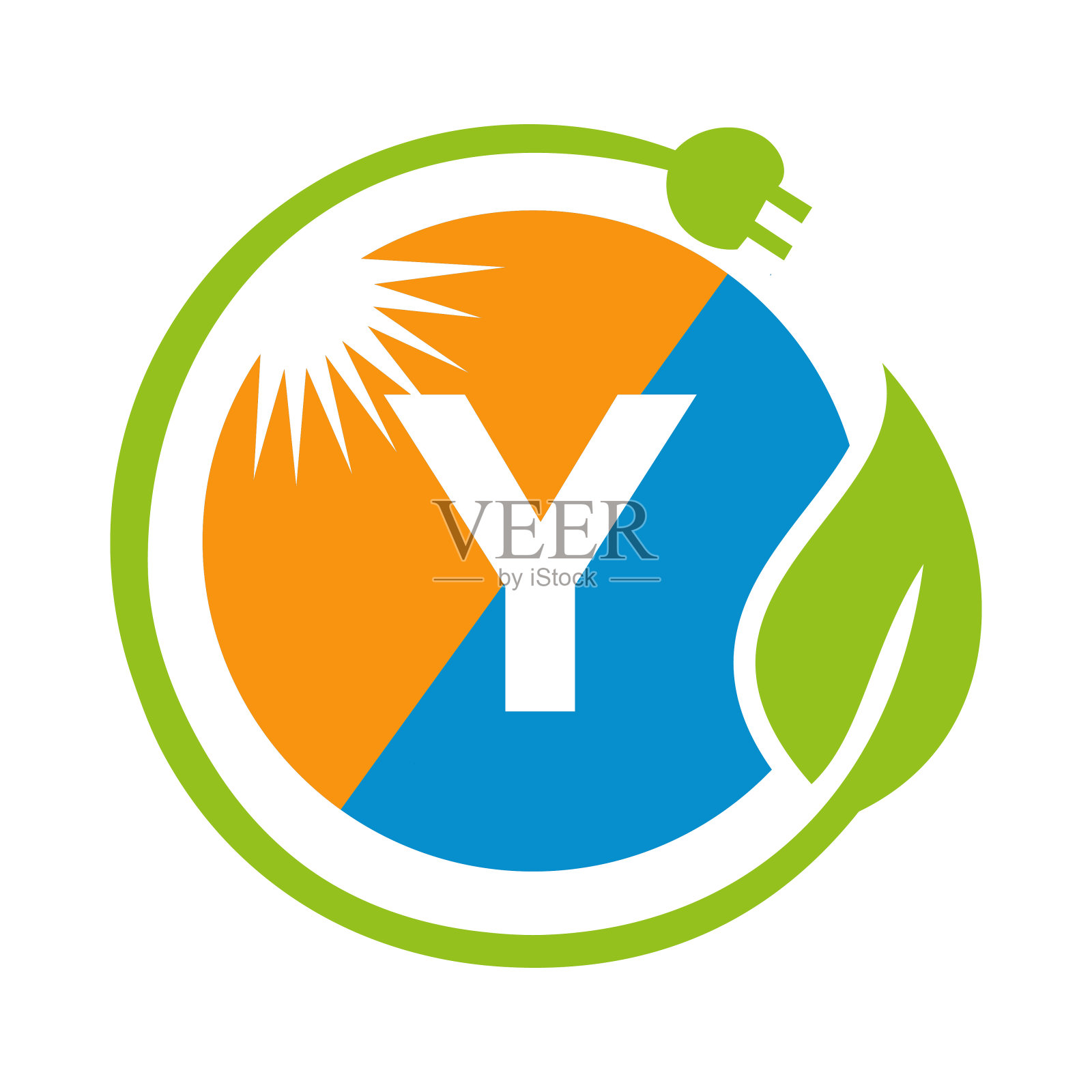 字母Y太阳能标志设计概念与太阳，叶子和电插头太阳能电池板矢量模板设计元素图片