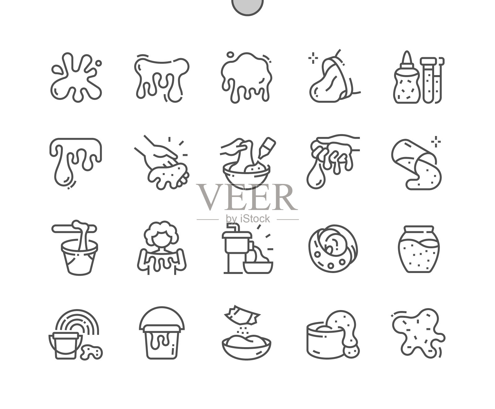 黏液。粘液液体。孩子们的玩具。瓶子和容器中的黏液。完美的像素矢量细线图标。简单的最小的象形图插画图片素材