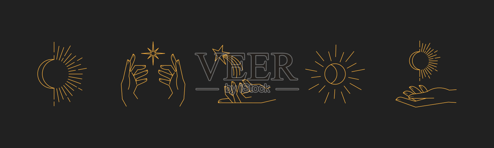 审美星体的手。收集宇宙和天体元素与太阳，月亮和星星。孤立的可编辑线性向量。插画图片素材