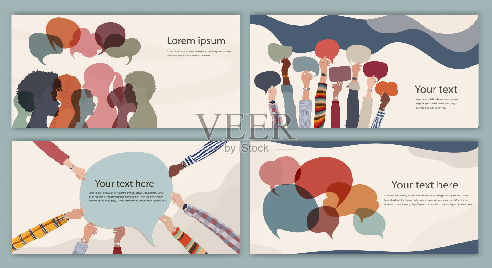 可编辑的模板。海报。剪影引领着一群国际人士的谈话。多样性的人。演讲泡沫。沟通。在社交网络上交流。种族平等。种族设计模板素材