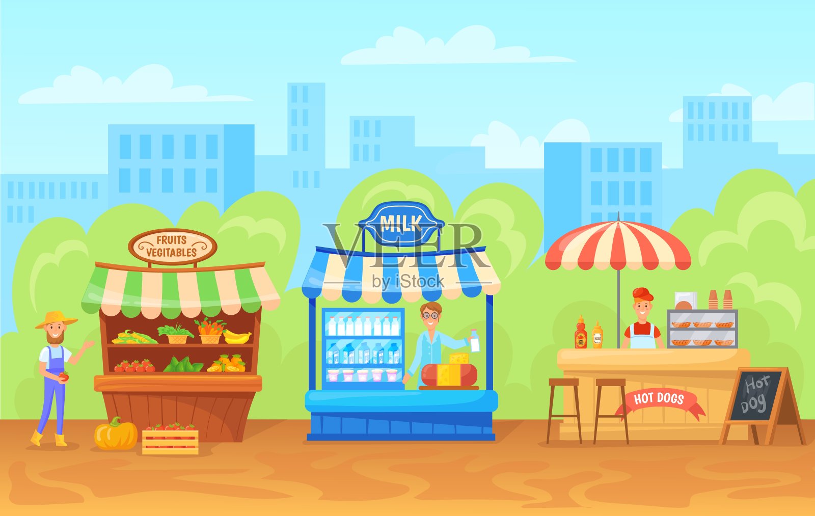 户外农场市场。街头市场卡通传统的农家店，帐篷集市新鲜的水果蔬菜摊城市地方乡村食品销售的背景，整齐的矢量插图插画图片素材