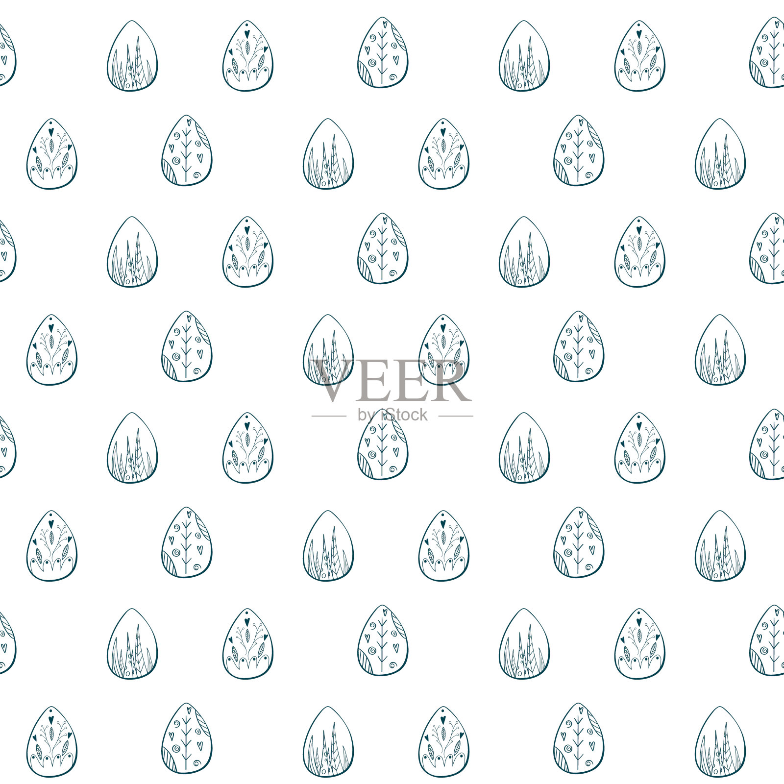 手绘矢量无缝小彩蛋图案与各种元素在白色背景上的蓝色颜色。插画图片素材