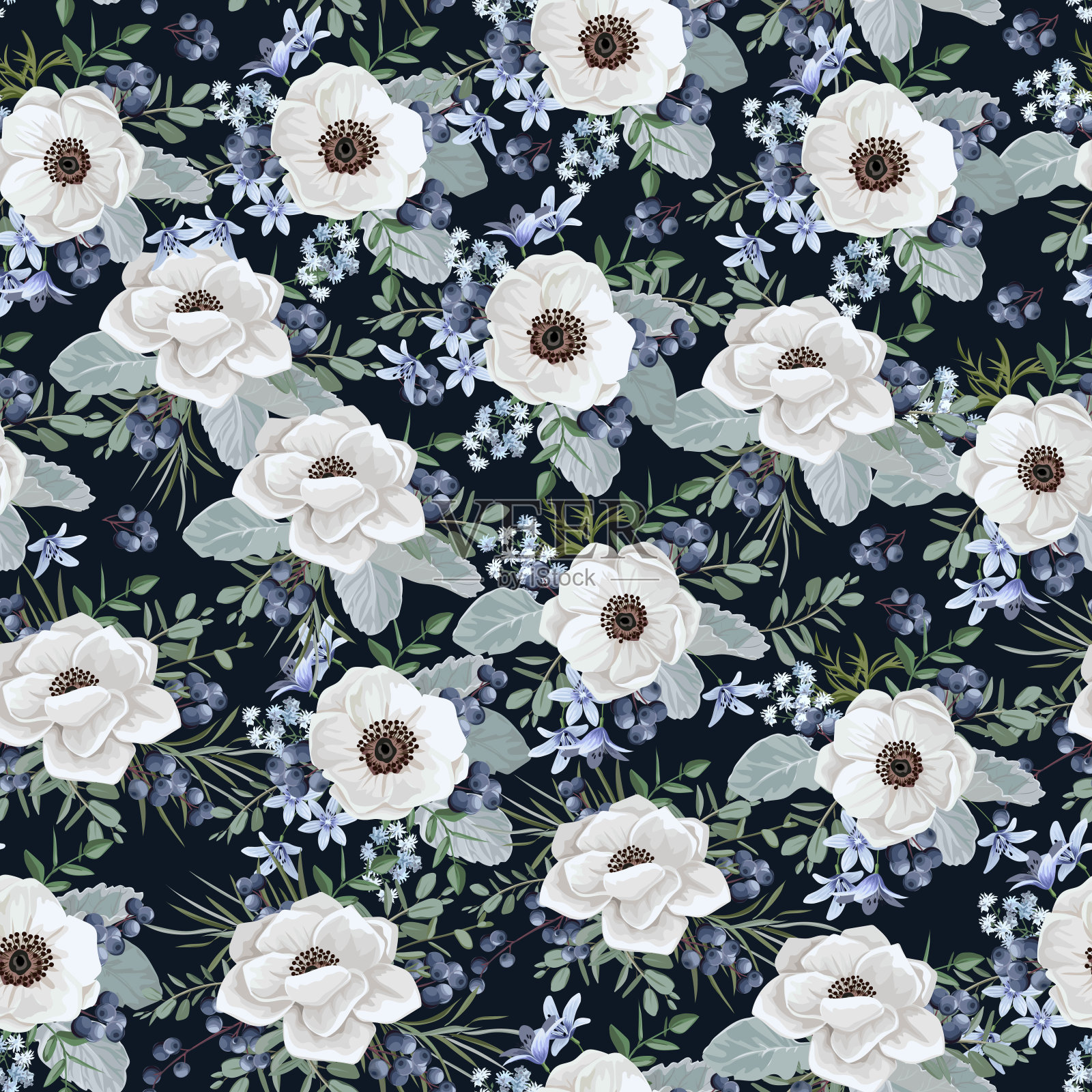 向量花集叶子和花。你的作文元素，贺卡或婚礼请柬。白色海葵、桔梗花和蓝莓插画图片素材