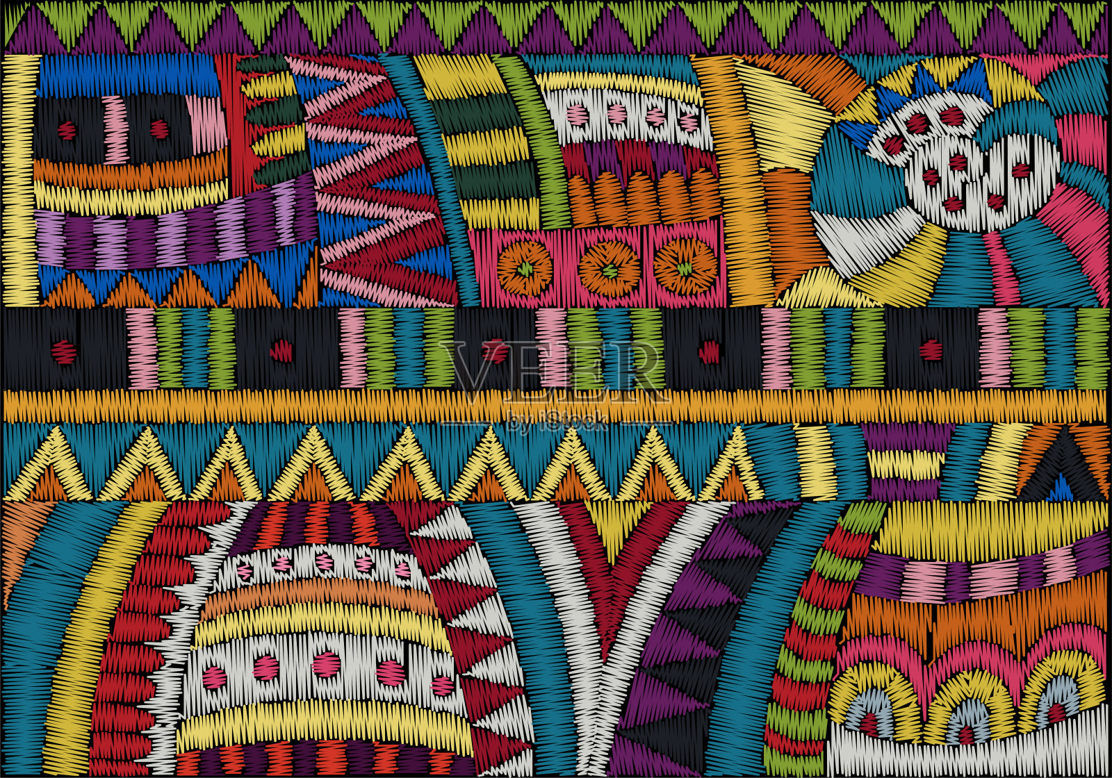 刺绣图案。用于纺织、家装、时尚、面料图案的彩色饰品。部落、民族风格。向量。设计模板素材