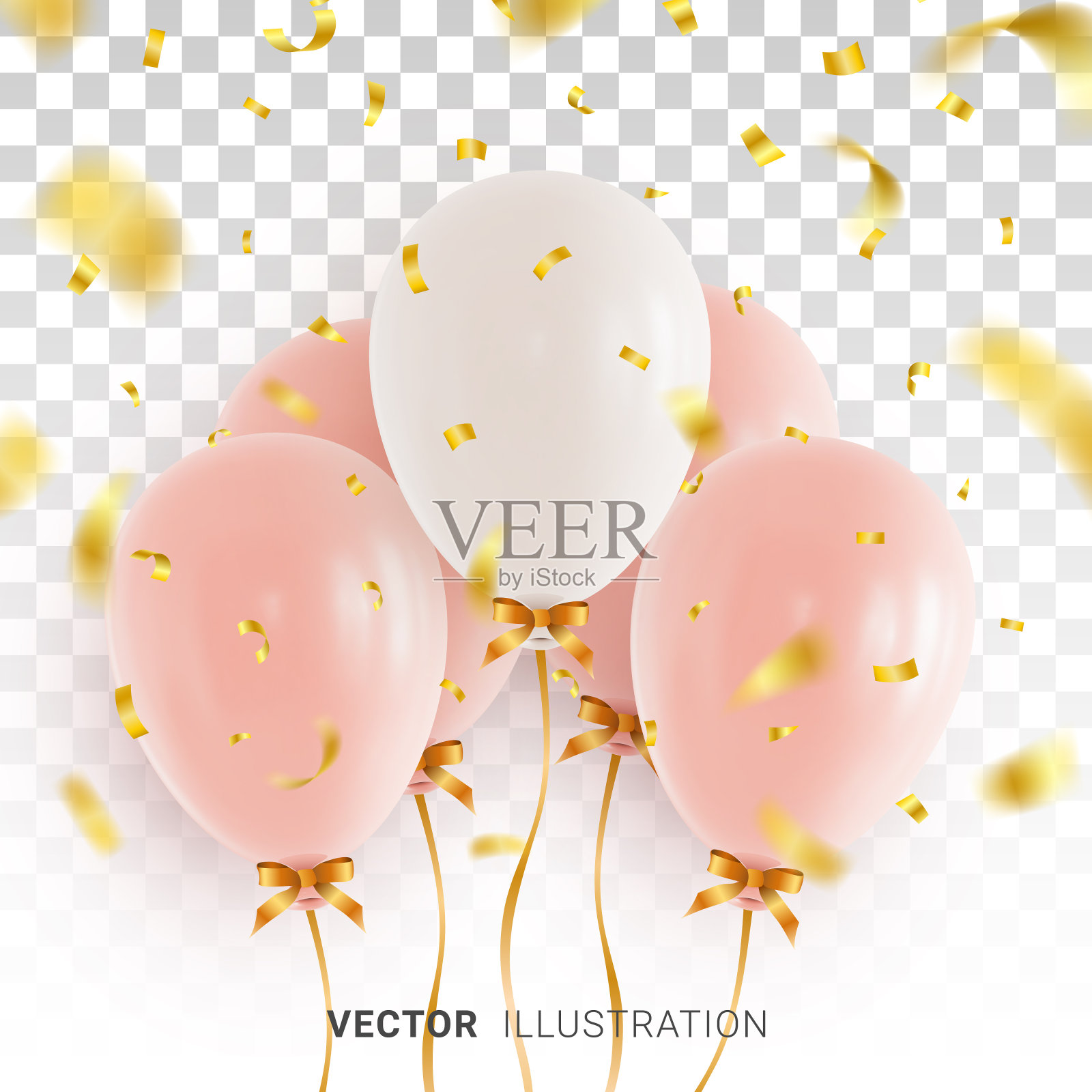 粉色和白色的氦气球，金色的缎带，蝴蝶结和金色的彩纸在透明的背景上飘落。设计贺卡或横幅为周年庆或生日。现实的三维向量插画图片素材