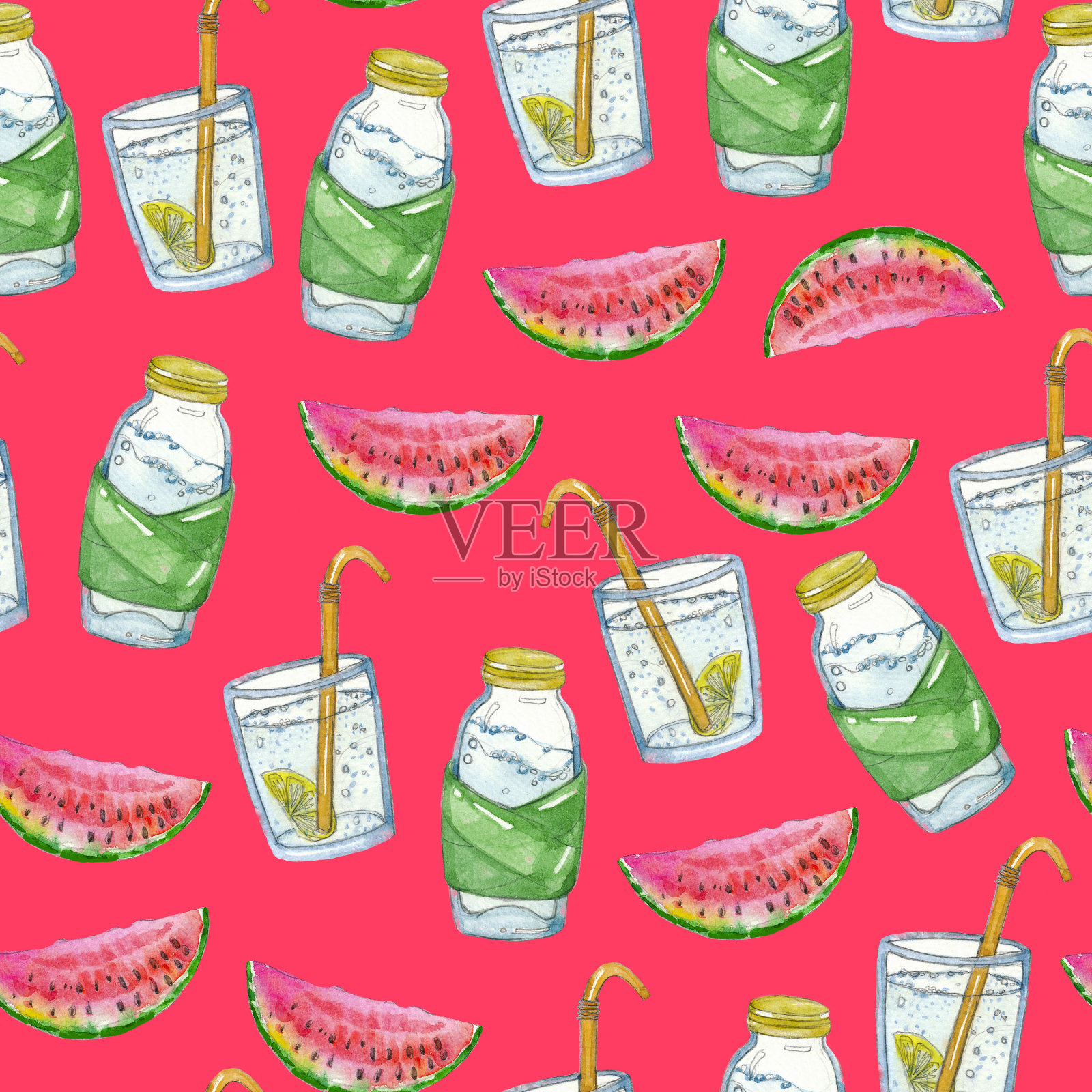 水彩手绘夏天的物体图案，一瓶水，西瓜片，一杯水，粉红色的背景插画图片素材
