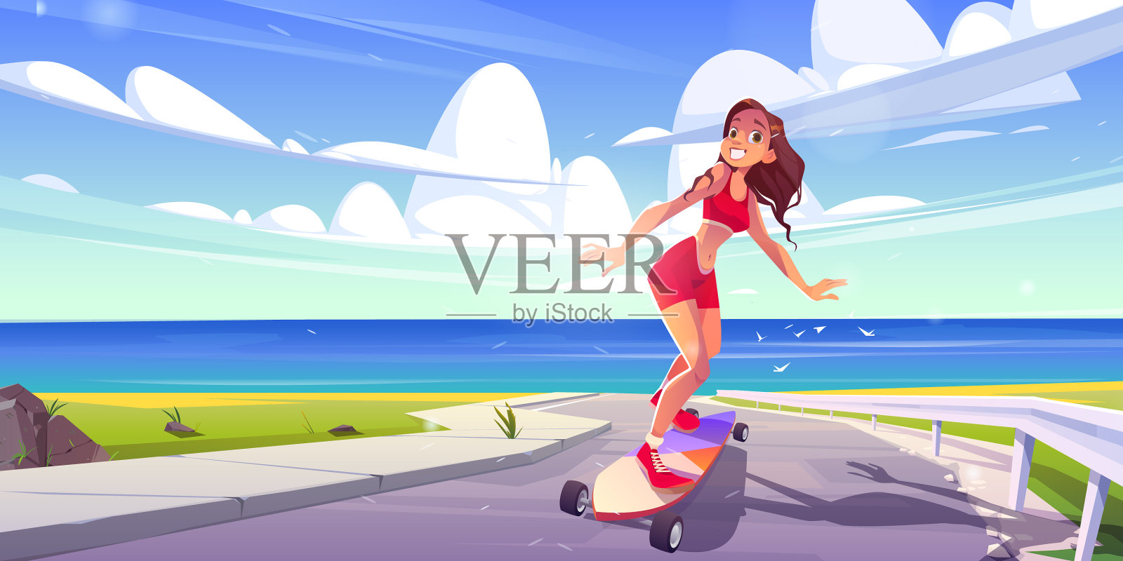 快乐的女孩在海洋路上玩滑板插画图片素材
