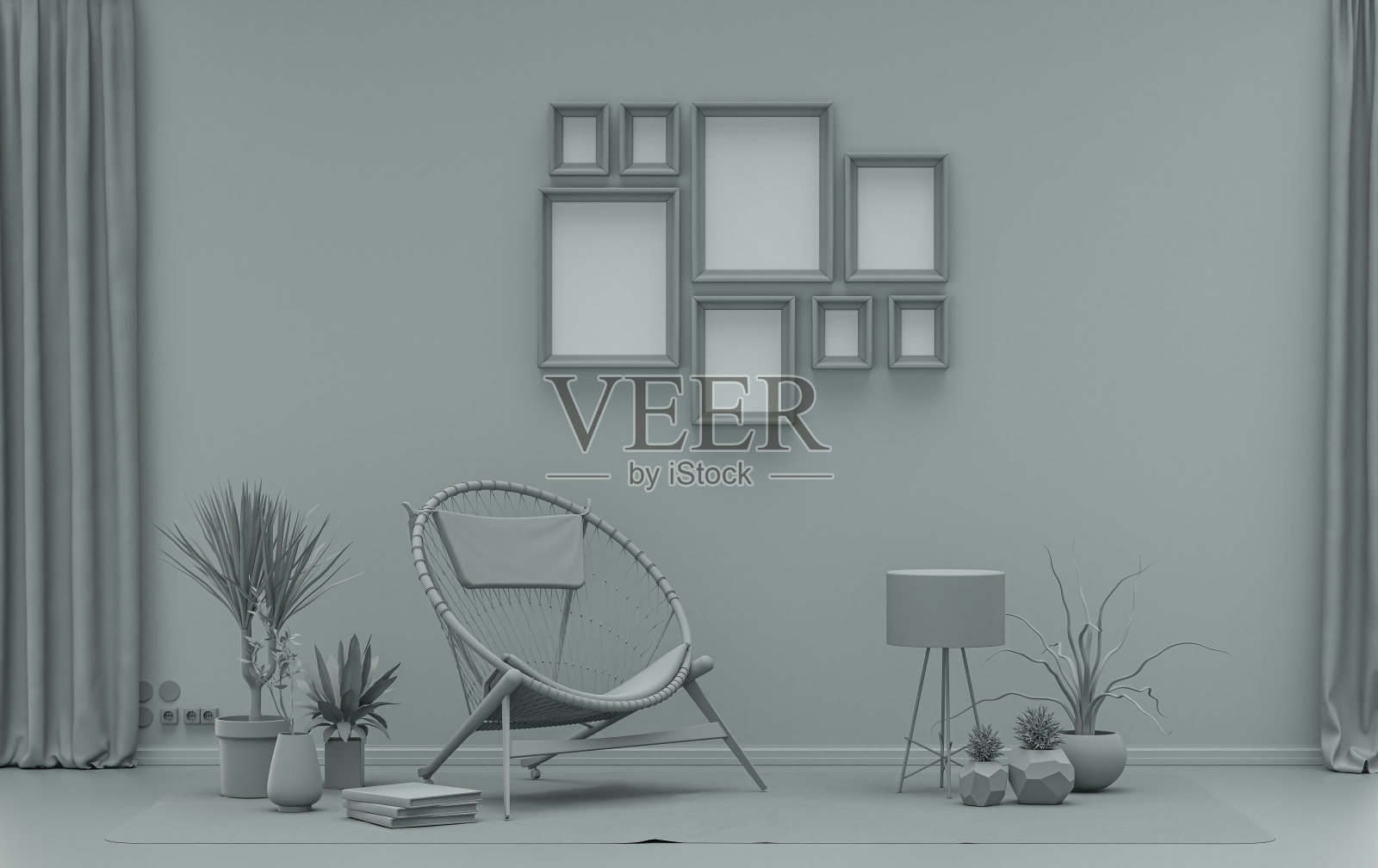 房间平面灰灰配色，廊墙模板配八框照片摄影图片