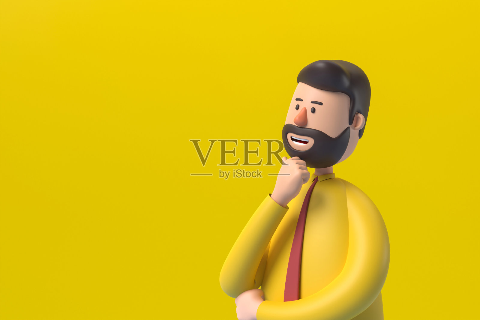 3 d演示。卡通人物可爱的商人孤立在蓝色背景。严肃的人思考姿势。白人男性穿白衬衫，系红领带。照片摄影图片