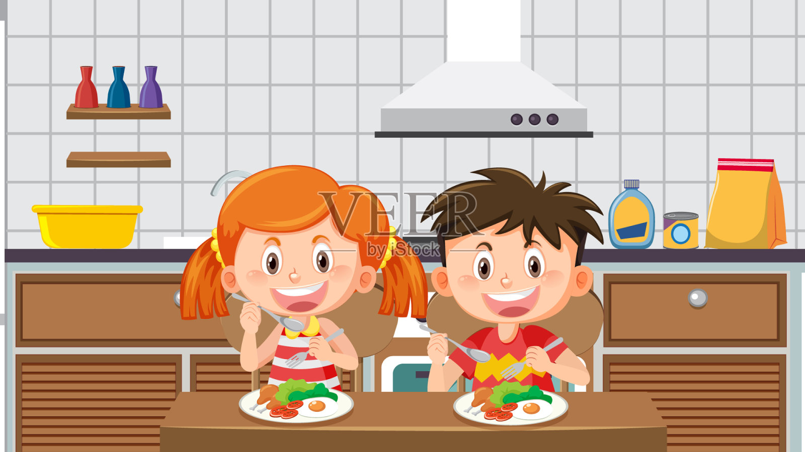 孩子们在厨房用餐插画图片素材