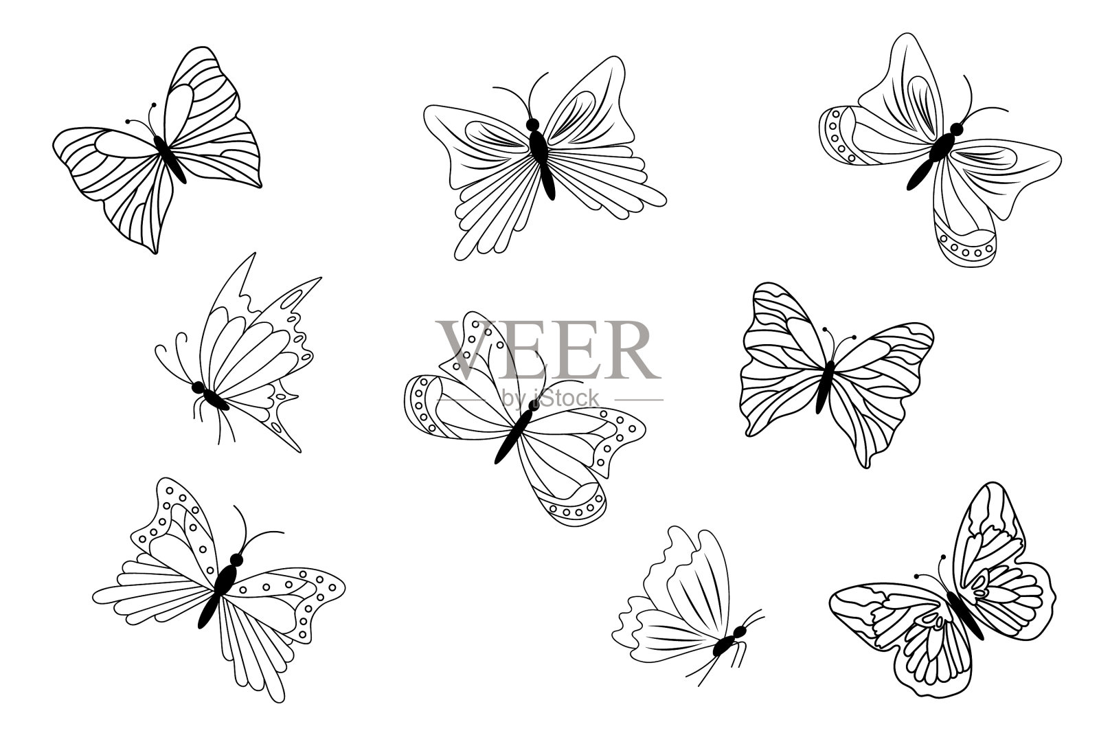 一套黑色轮廓蝴蝶插画图片素材