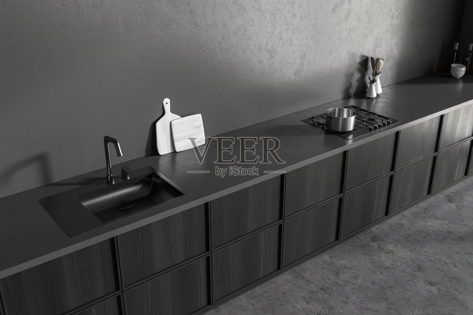 灰色厨房内部的俯视图，水槽和炉子，厨房用具在甲板上照片摄影图片