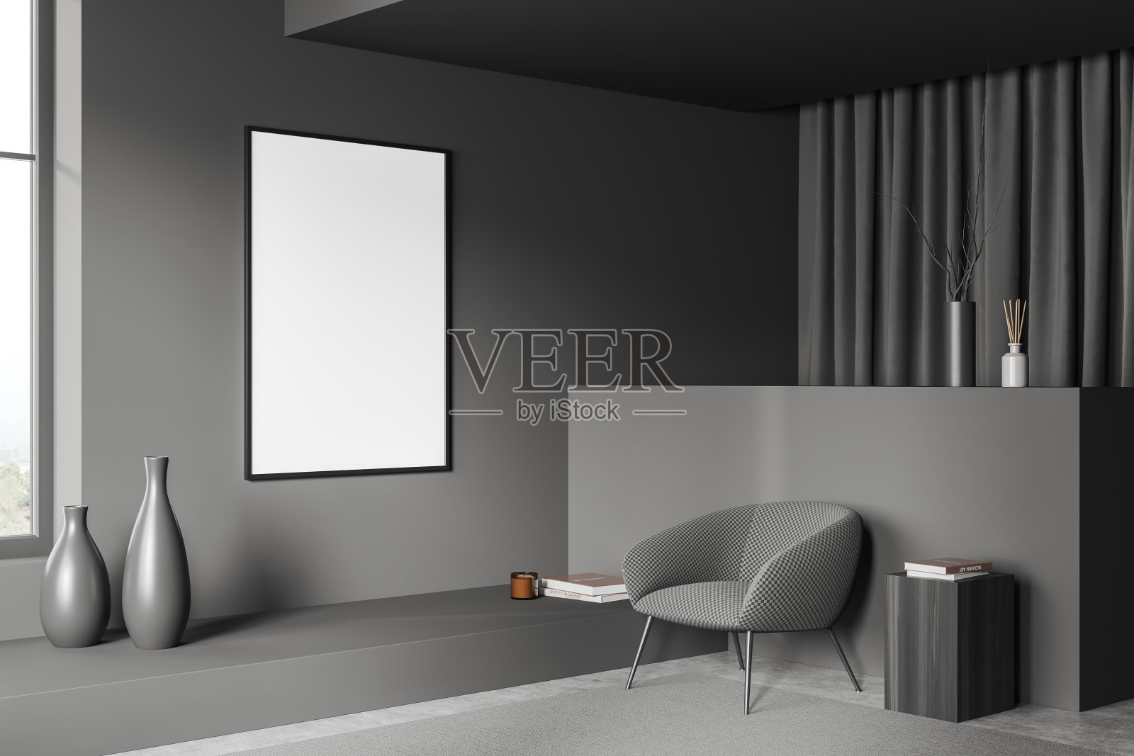灰色休闲室内，扶手椅和装饰，窗户。模型框架照片摄影图片