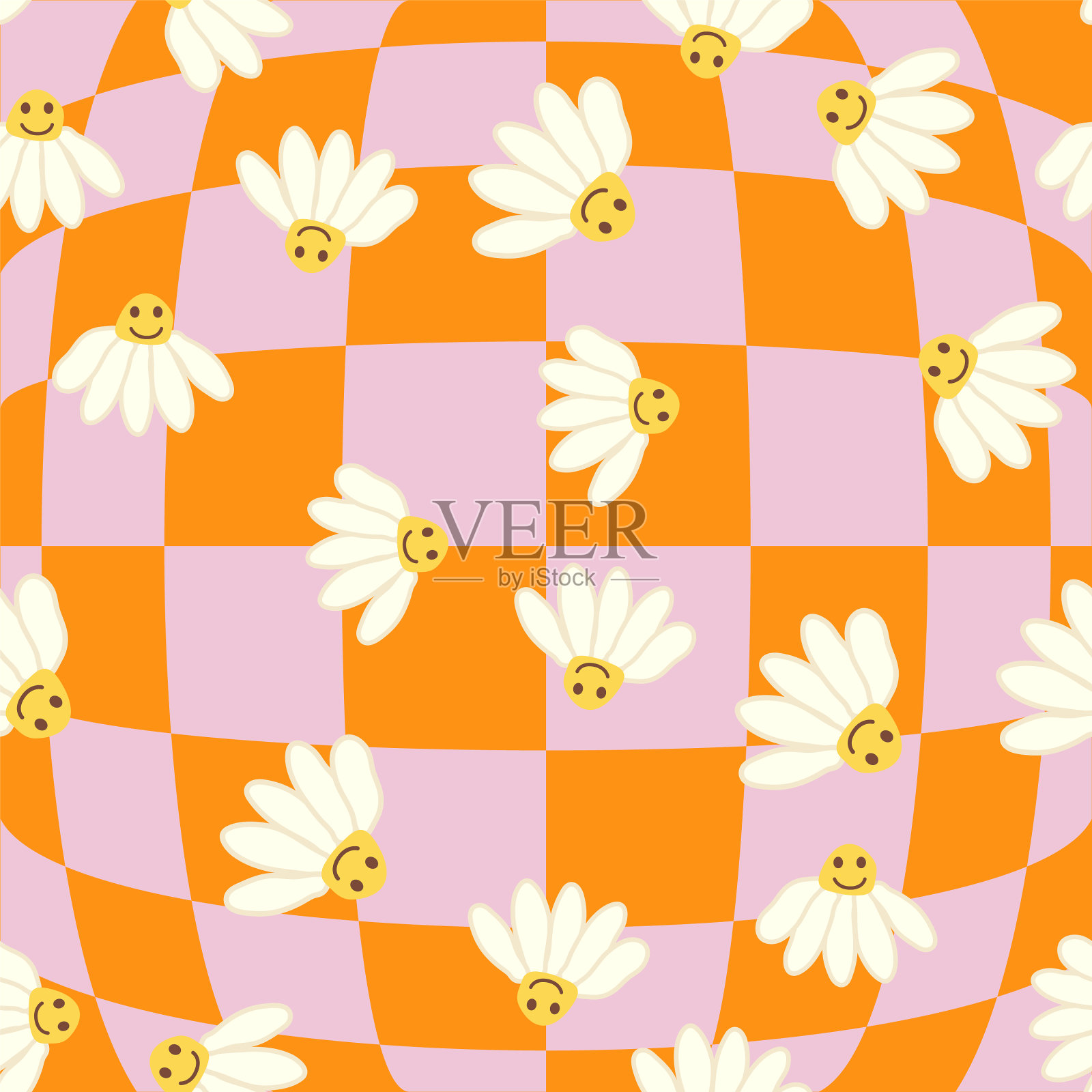 1970年复古微笑洋甘菊无缝图案插画图片素材