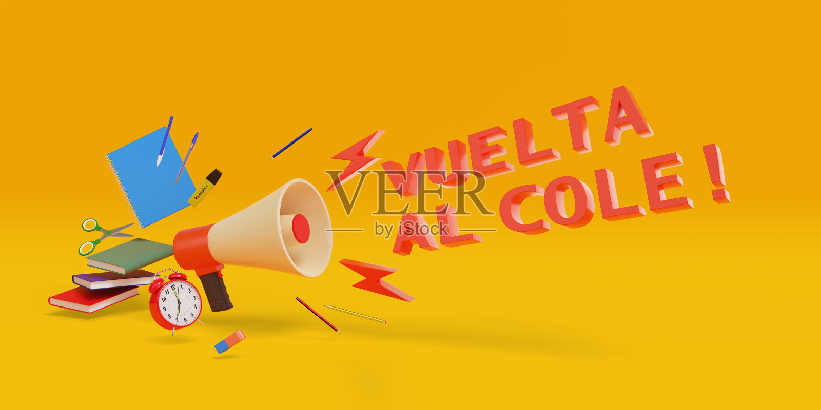 扩音器里放着回到学校的西班牙语课本和学习用品。3 d演示。照片摄影图片