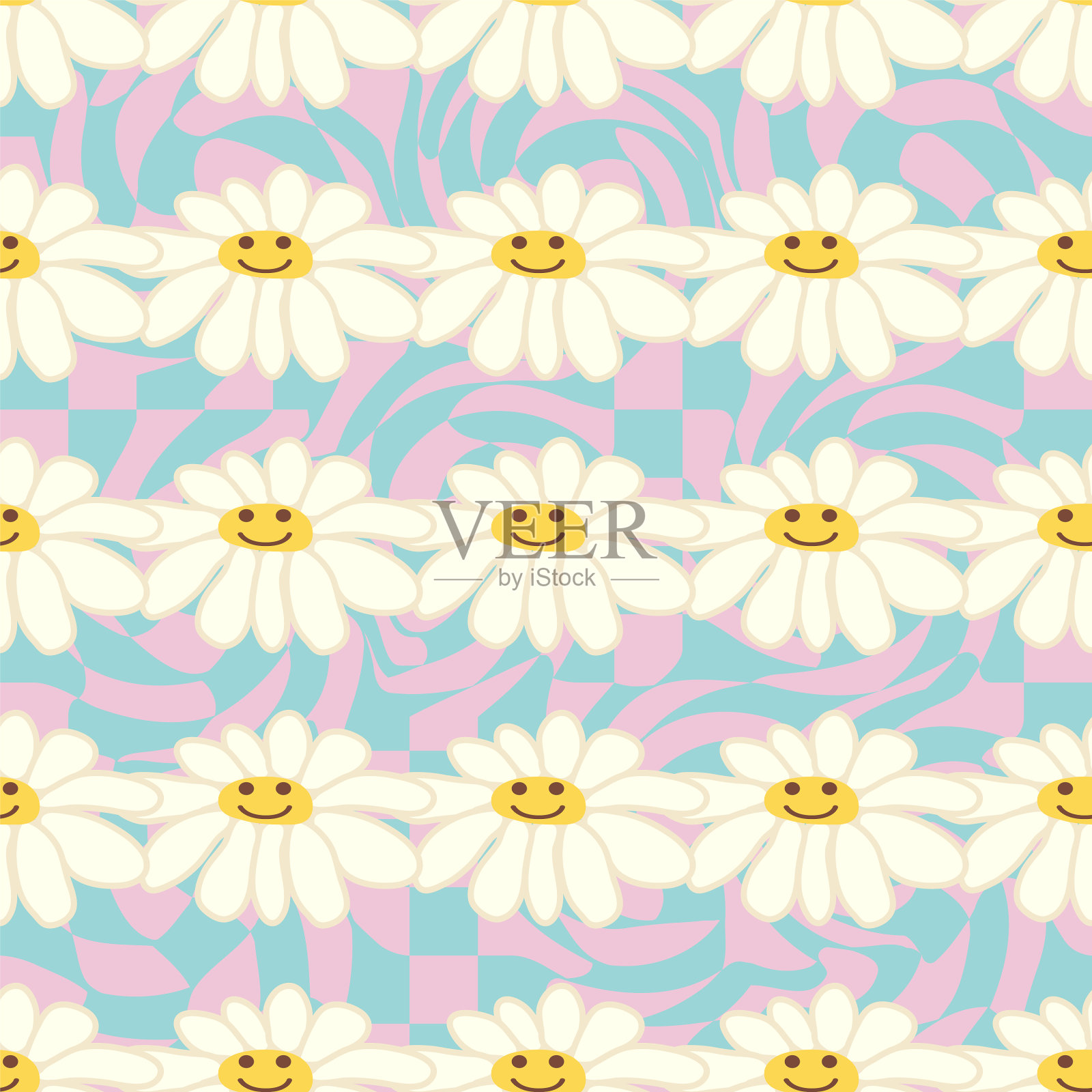 1970年复古微笑洋甘菊无缝图案插画图片素材