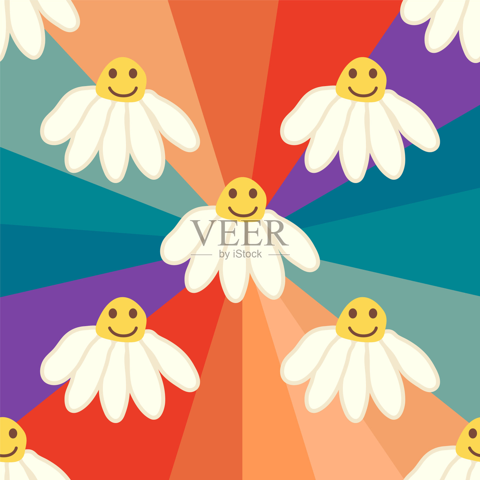 1970年复古微笑洋甘菊无缝图案插画图片素材