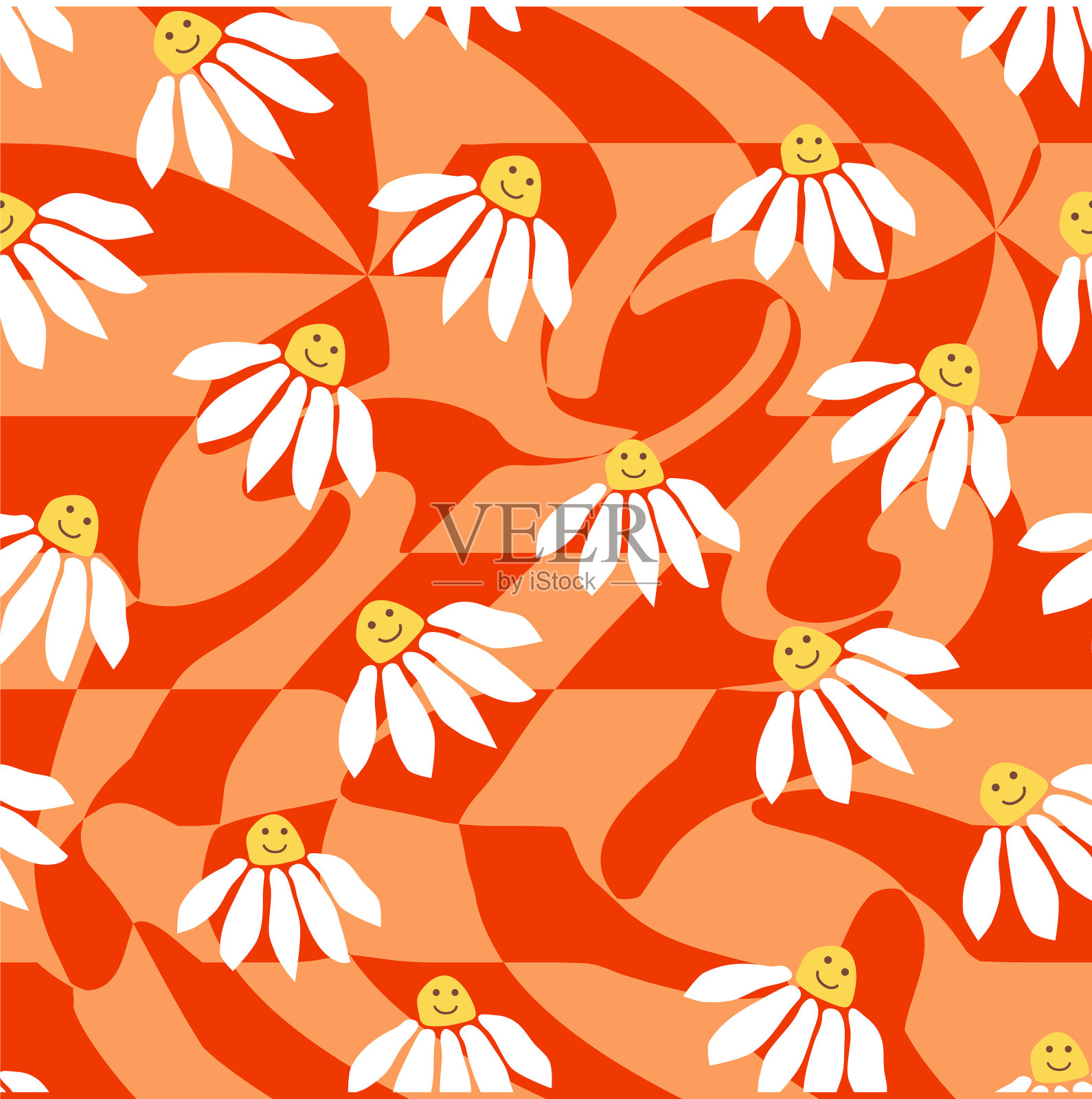 Groovy Daisy复古无缝图案复古微笑插画图片素材
