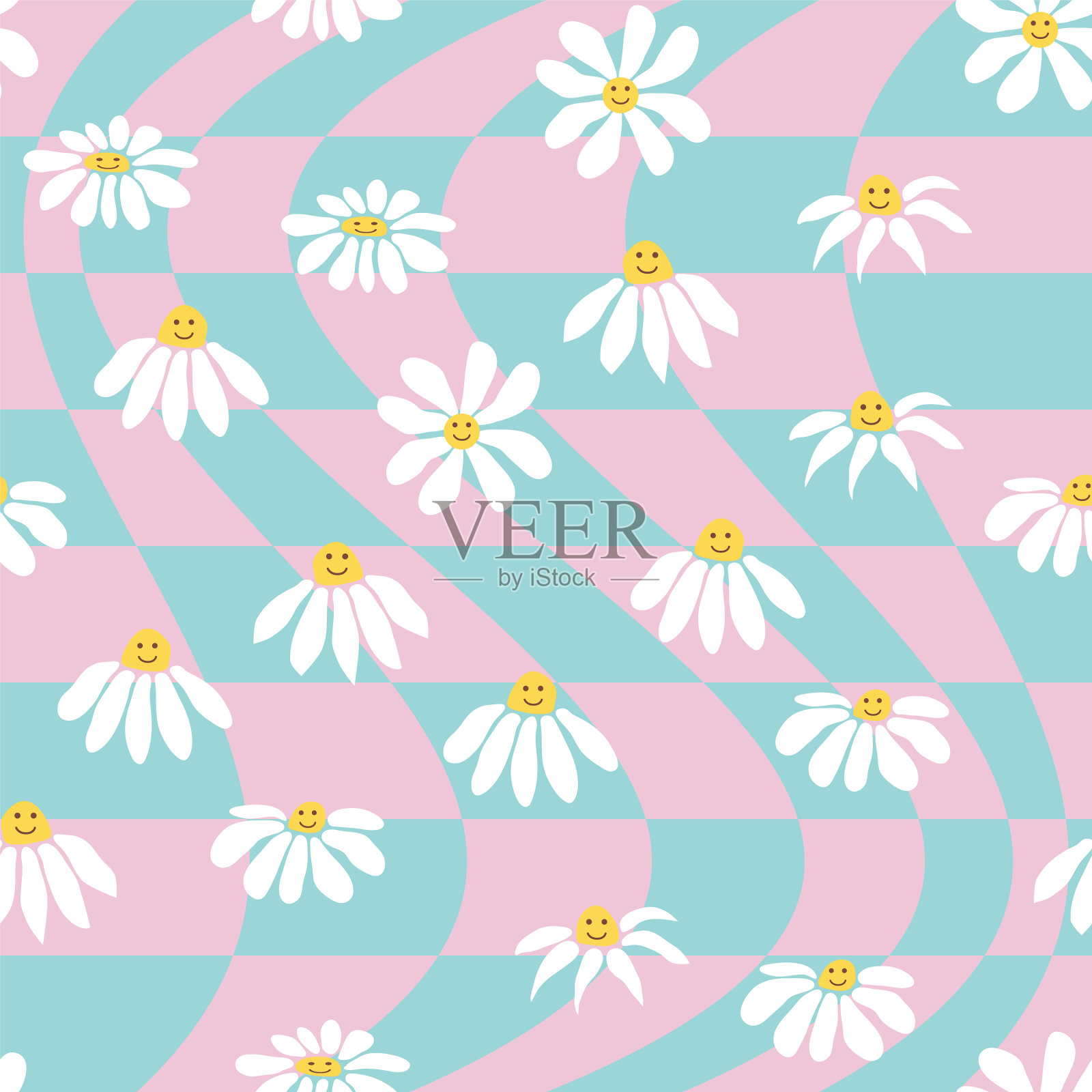 1970年复古微笑洋甘菊无缝图案插画图片素材