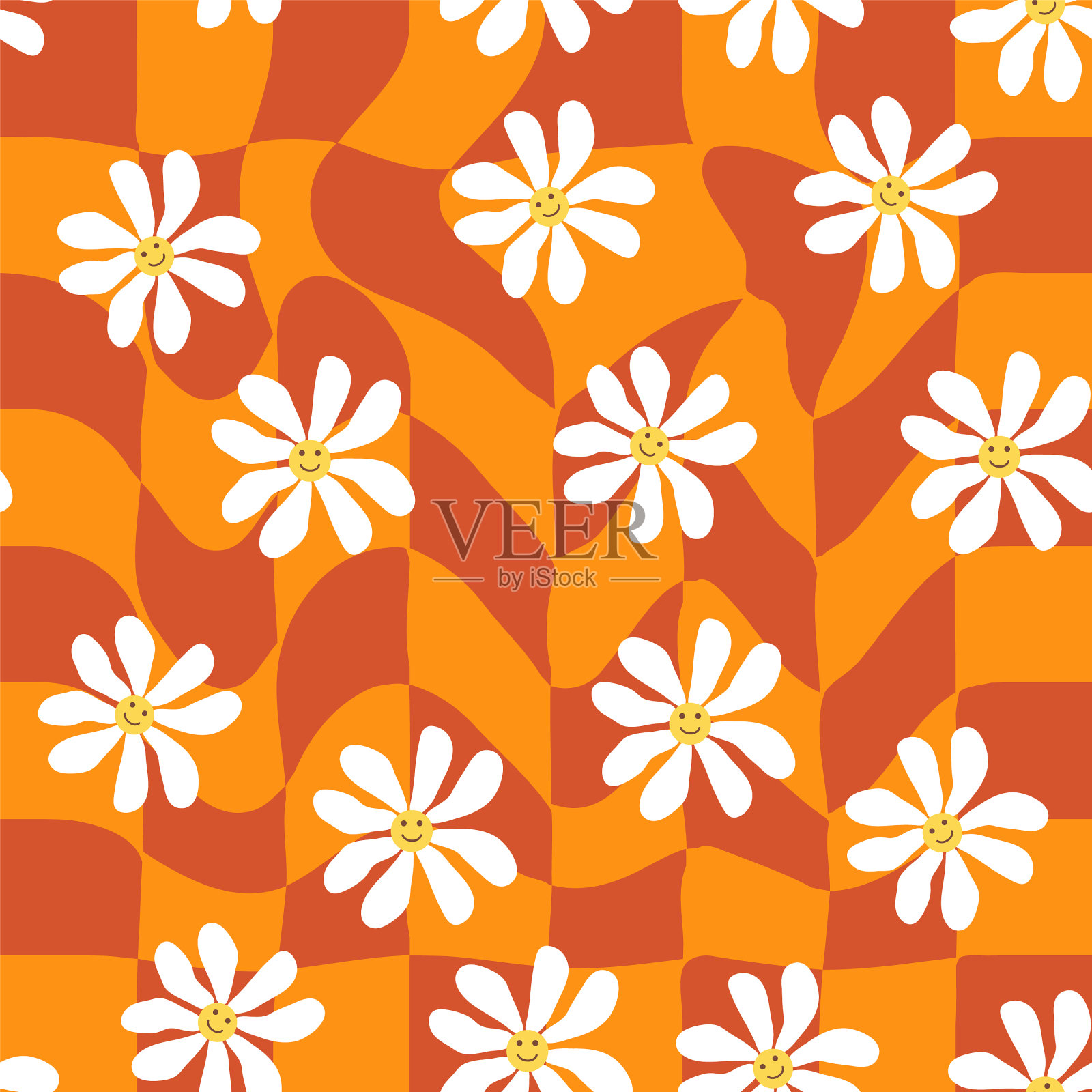 1970年复古微笑洋甘菊无缝图案插画图片素材
