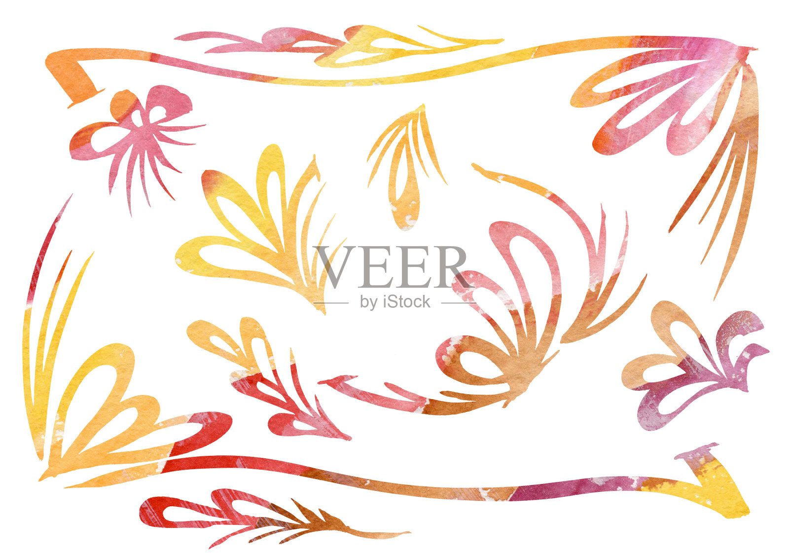 水彩画在白色背景上的线条艺术风格的框架设计元素。橙色，紫色，黄色，红色和棕色插画图片素材