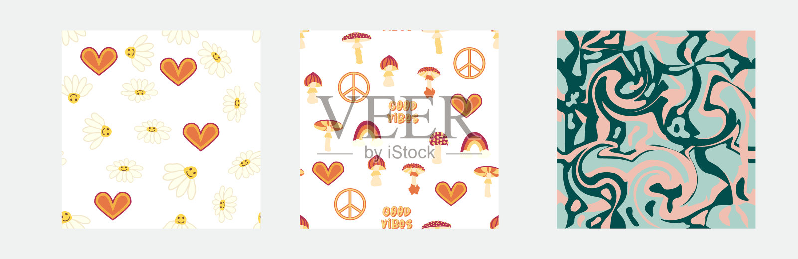 20世纪70年代的复古无缝图案花卉漩涡插画图片素材